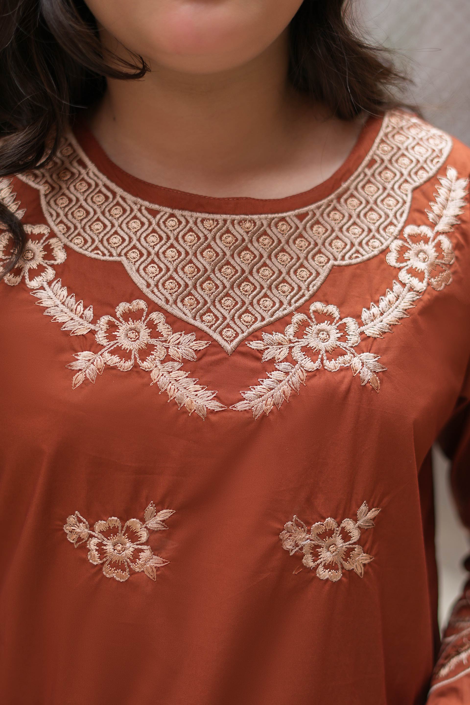 Terra Bloom Premium Cotton Embroidered 2Pc – Rust (RTW)