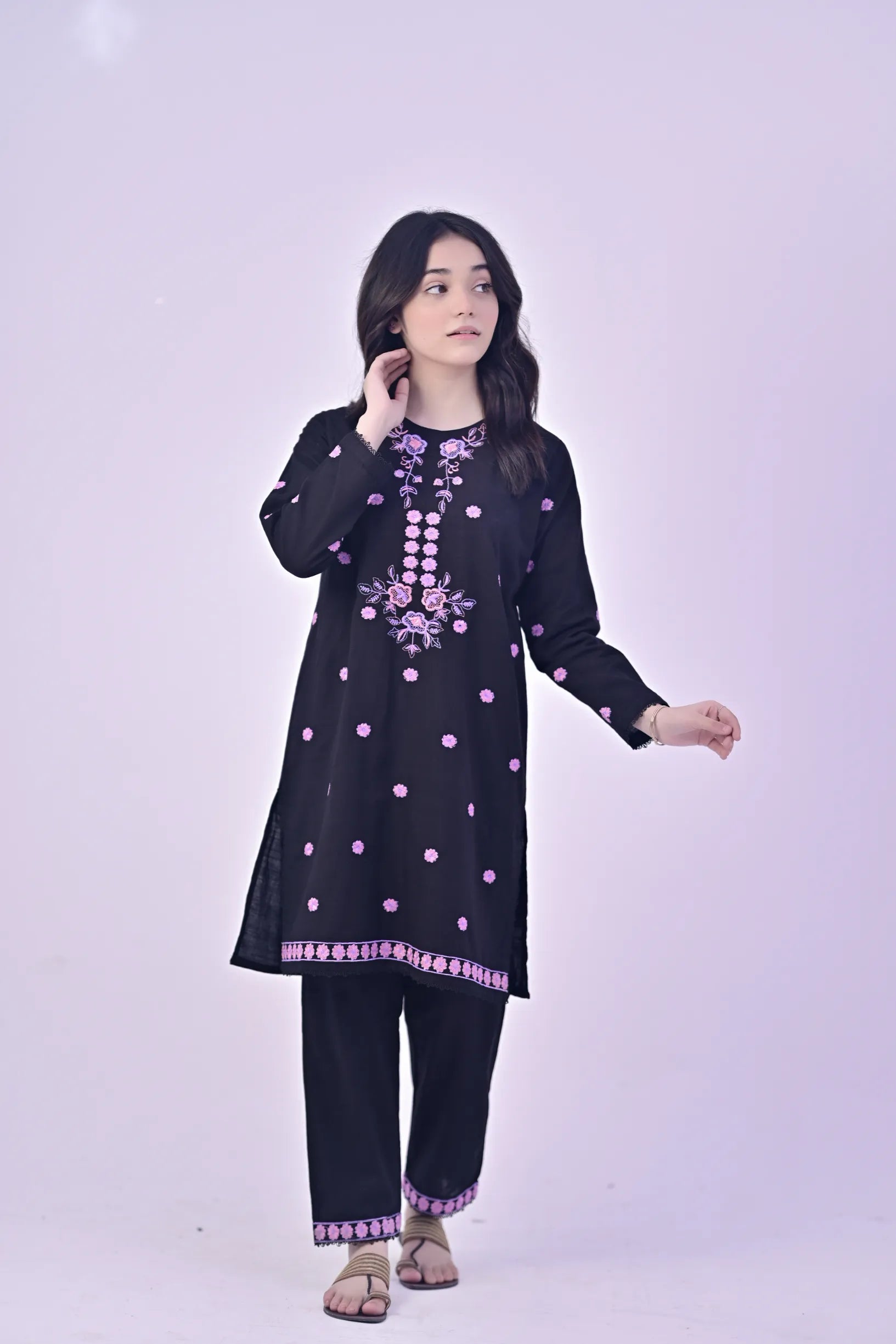 Midnight Bloom Embroidered Khaddar 02 Piece – Black (RTW)