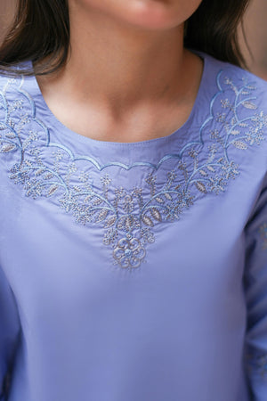 Girl wearing Ayla periwinkle blue embroidered cotton 2-piece ready-to-wear outfit