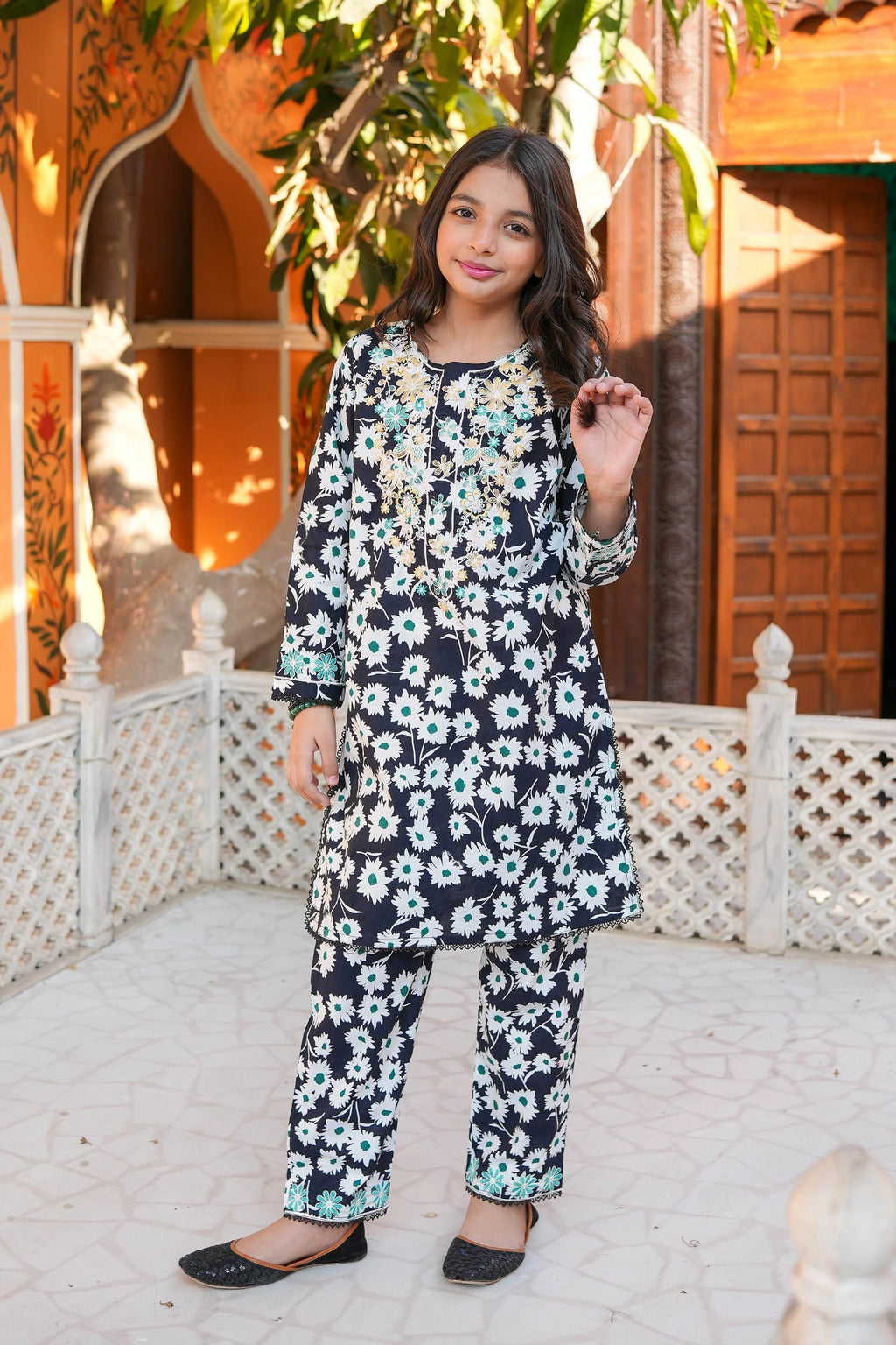 “Daisy Whisper” Embroidered Cotton 2-Pc – Navy Teal (RTW)