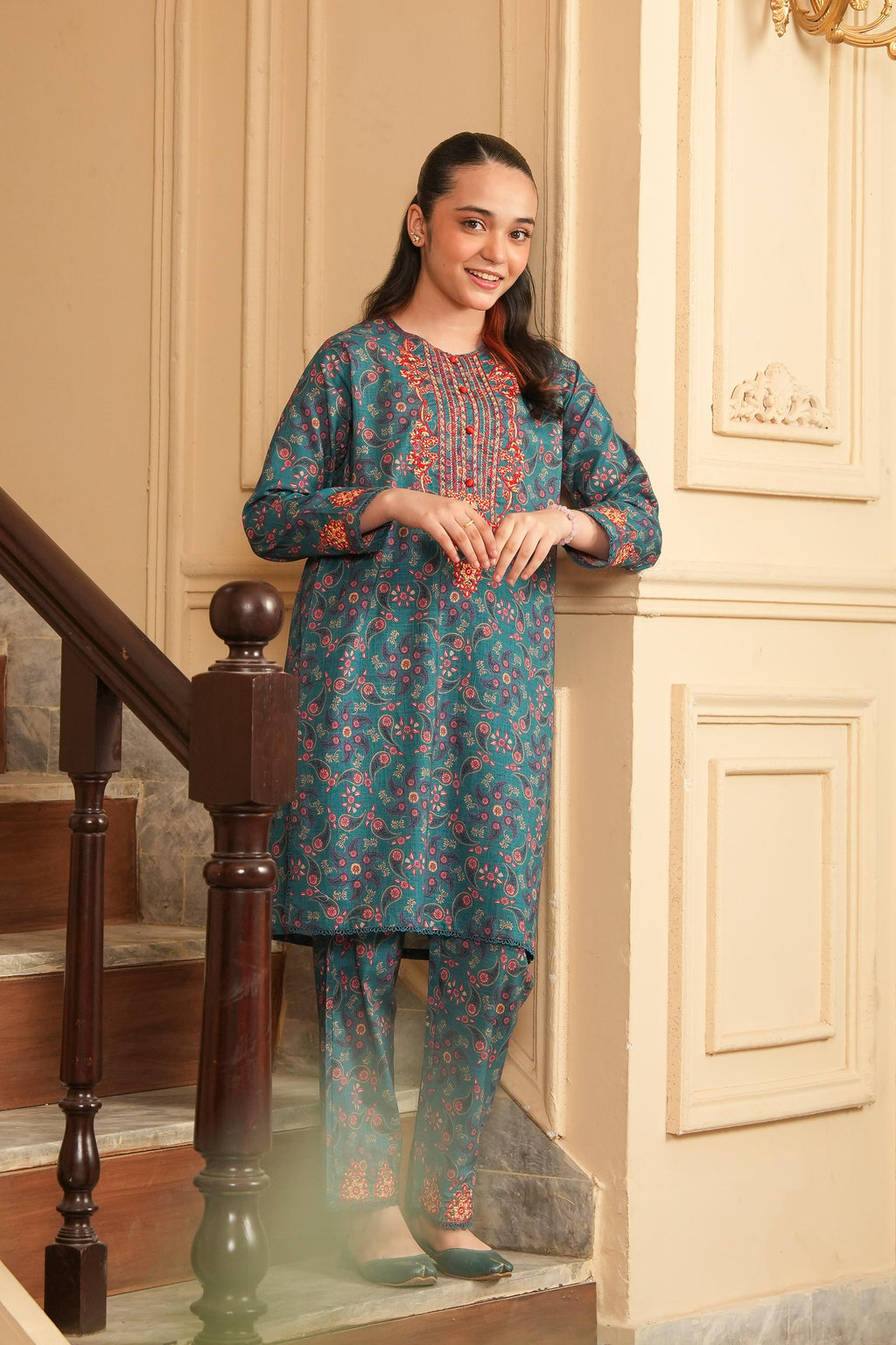 Autumn Whisper Printed Khaddar 02 Piece – Teal (RTW) 🧣