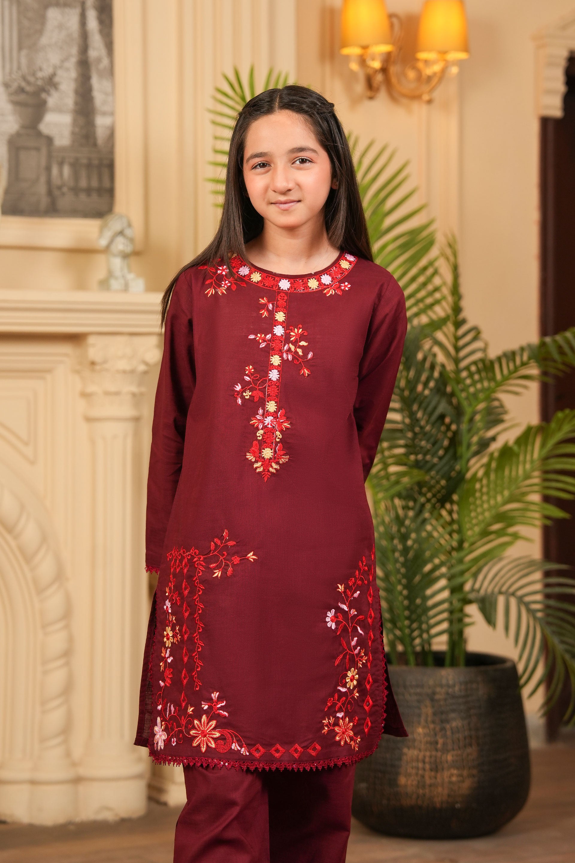 Baroque Petal Embroidered Khaddar 2 Piece – Maroon 🏵️ (RTW)