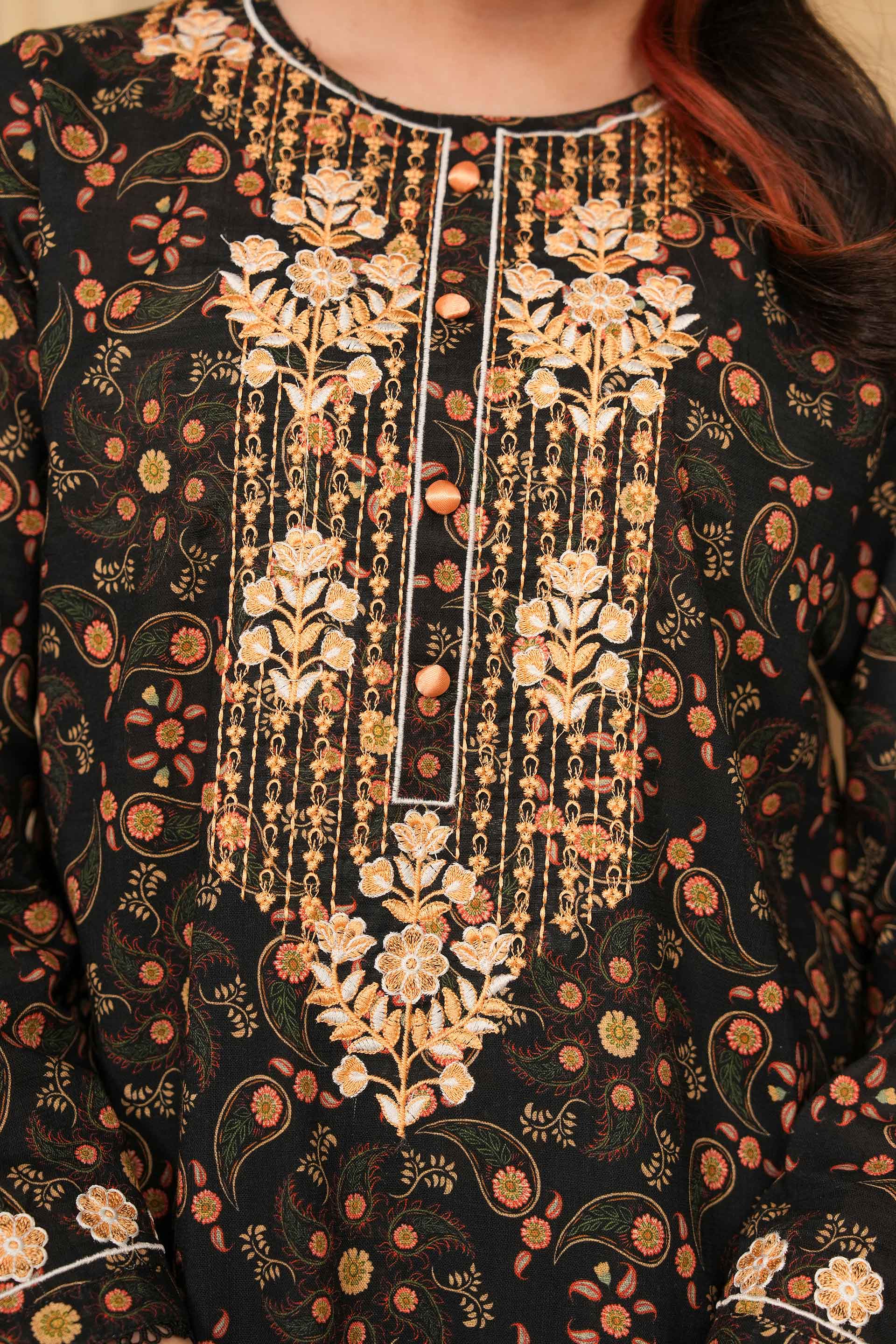 Haya Harmony Embroidered Khaddar 02 Piece – Black Beige 🖤🌼 (RTW)