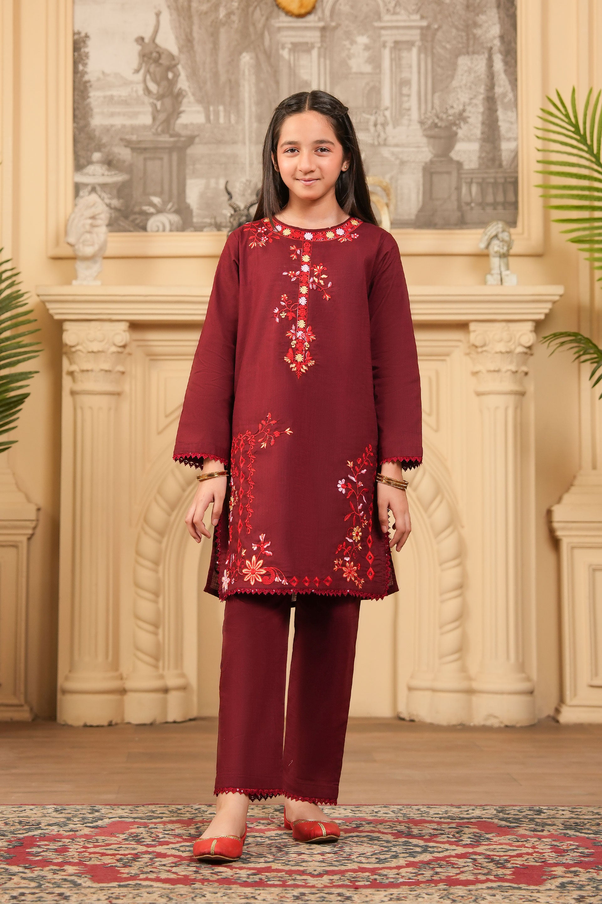 Baroque Petal Embroidered Khaddar 2 Piece – Maroon 🏵️ (RTW)
