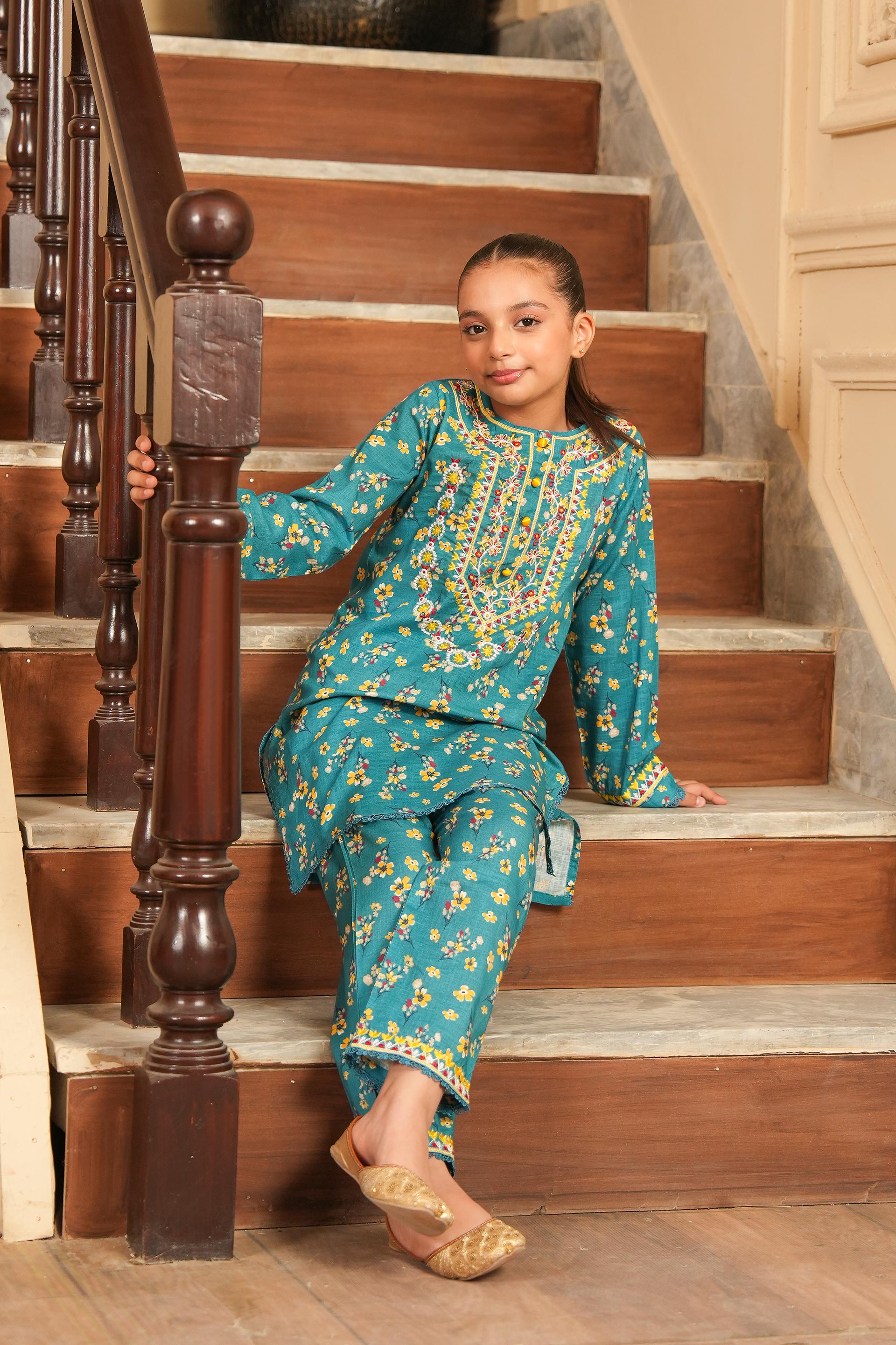 Gulbahar Printed Khaddar 2 Piece – Floral Teal Charm (RTW) 🌿