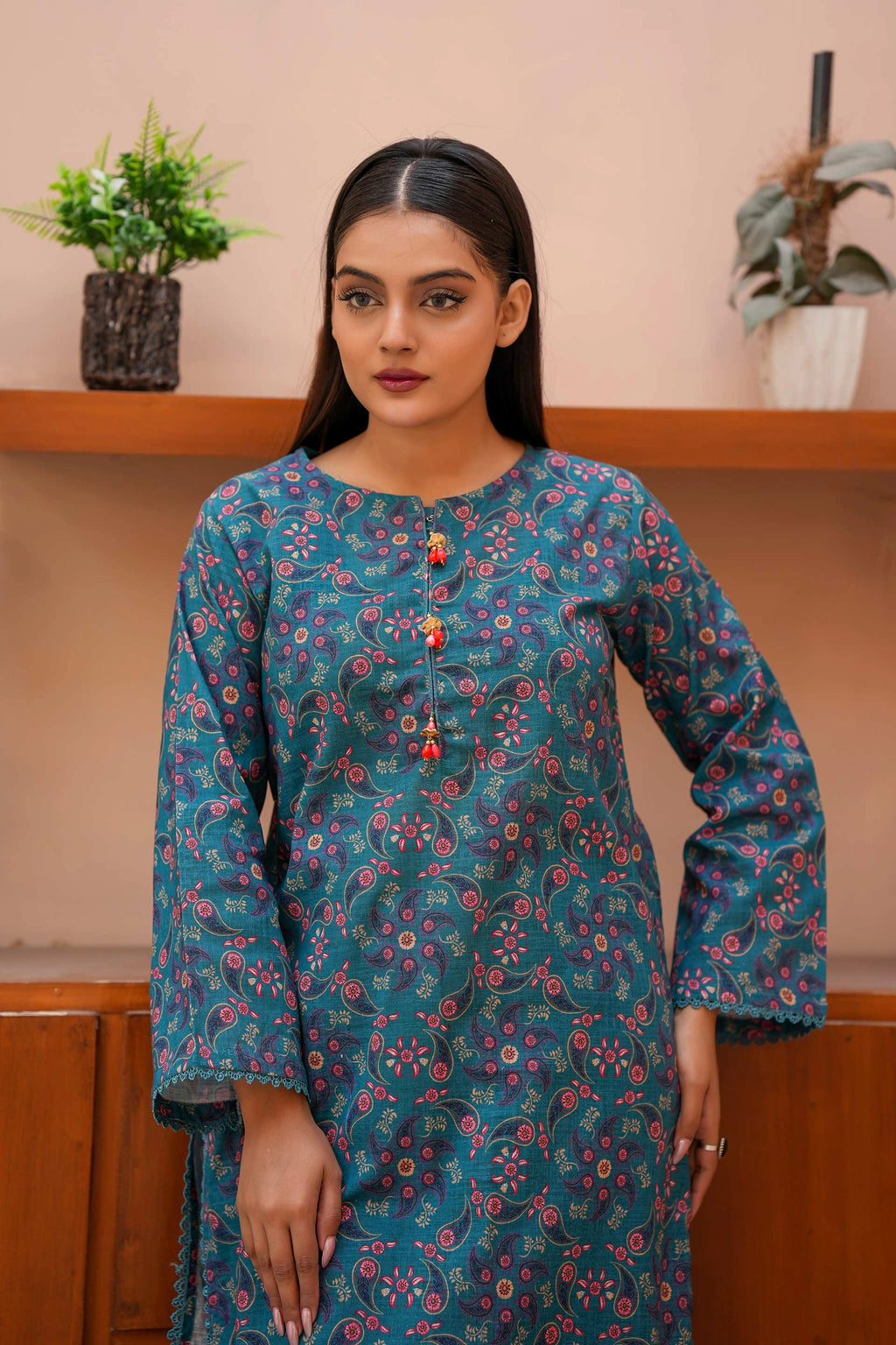 Elegant Teal Khaddar Dress | Floral & Ethnic Printed 2-Piece Suit
