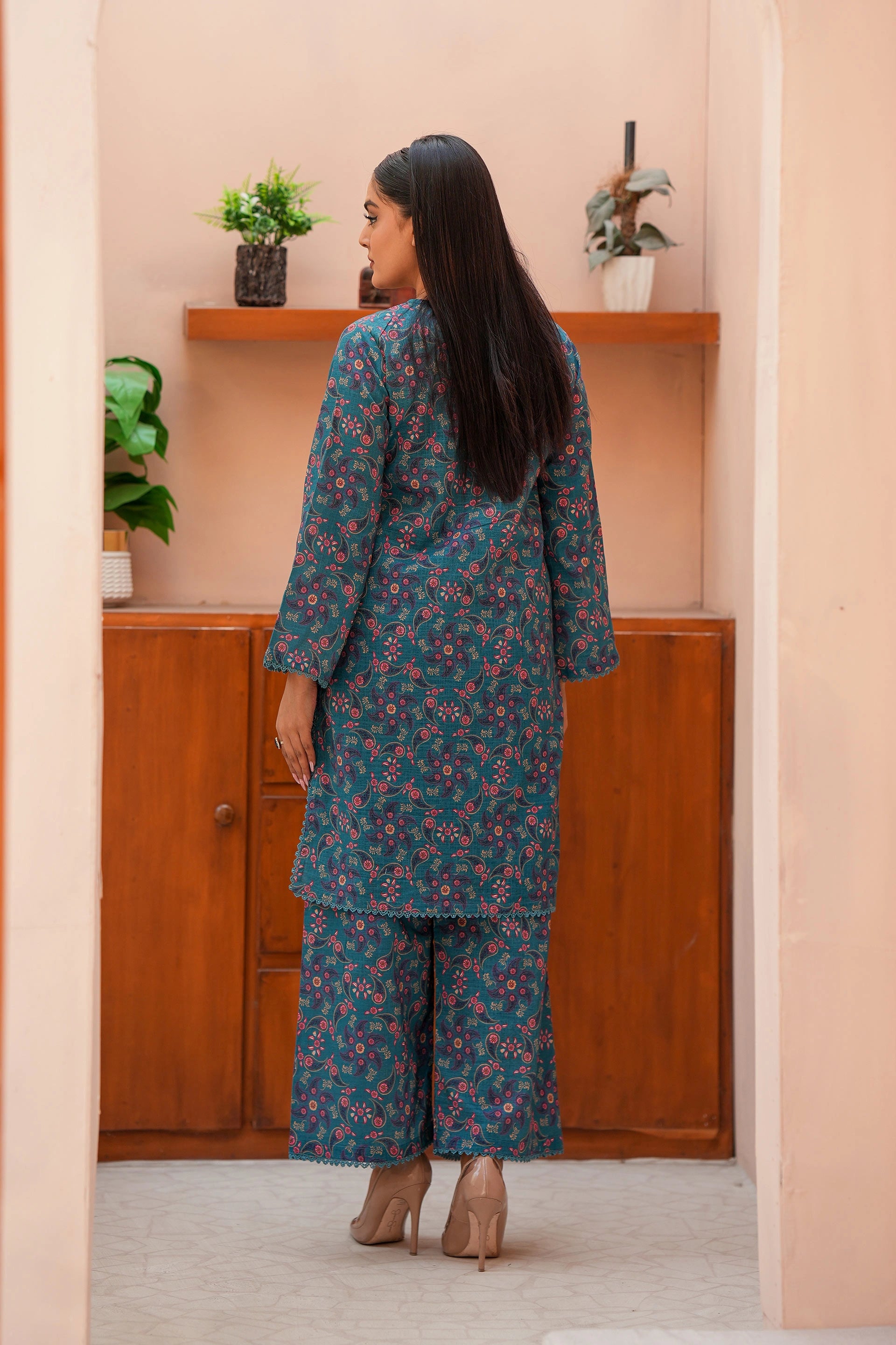 Elegant Teal Khaddar Dress | Floral & Ethnic Printed 2-Piece Suit