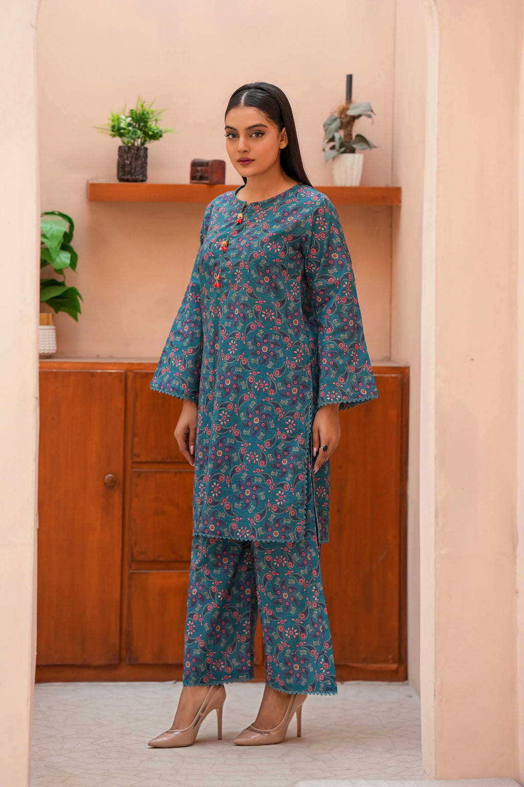 Elegant Teal Khaddar Dress | Floral & Ethnic Printed 2-Piece Suit