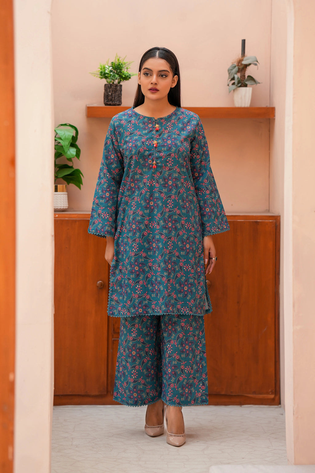 Elegant Teal Khaddar Dress | Floral & Ethnic Printed 2-Piece Suit