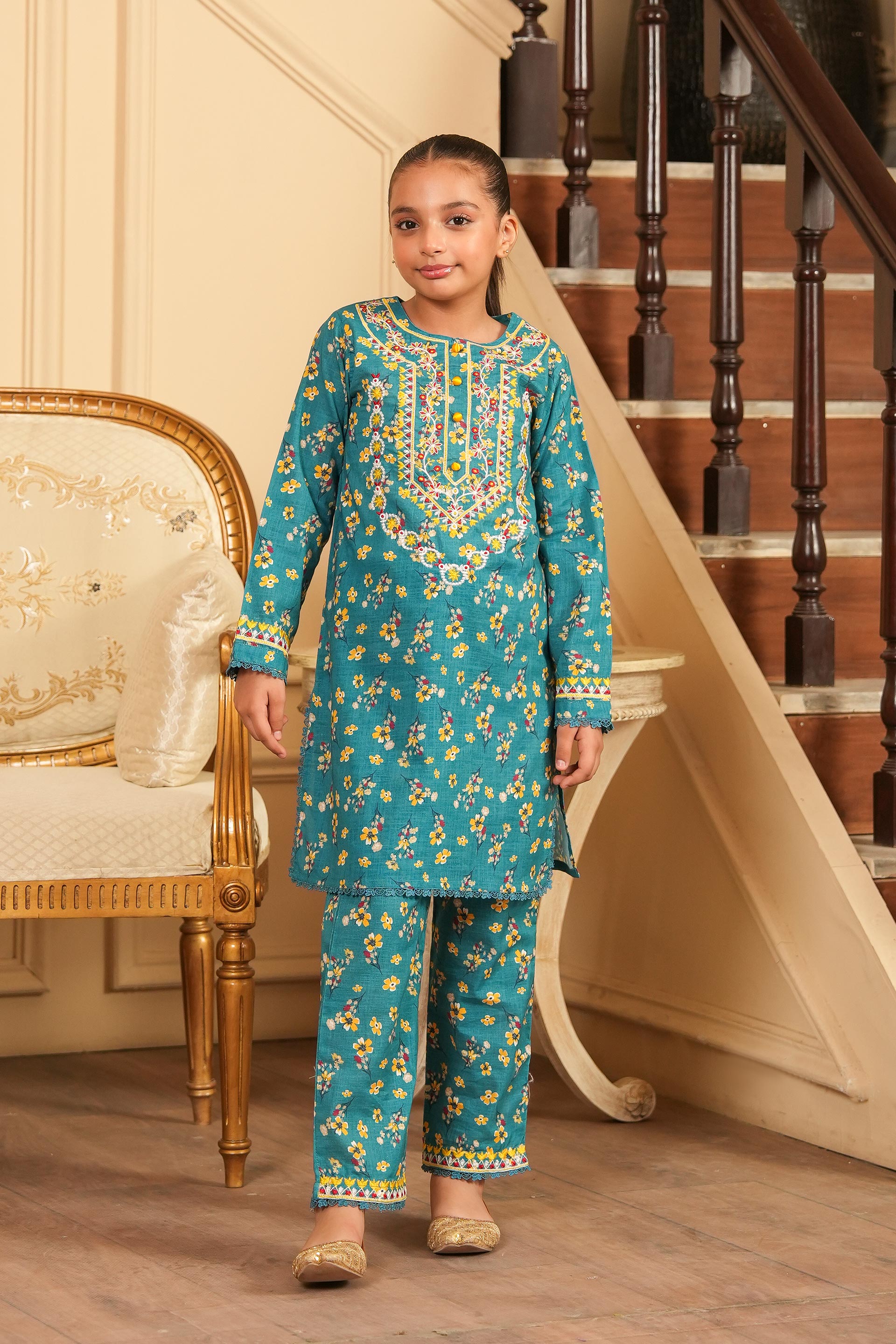 Gulbahar Printed Khaddar 2 Piece – Floral Teal Charm (RTW) 🌿