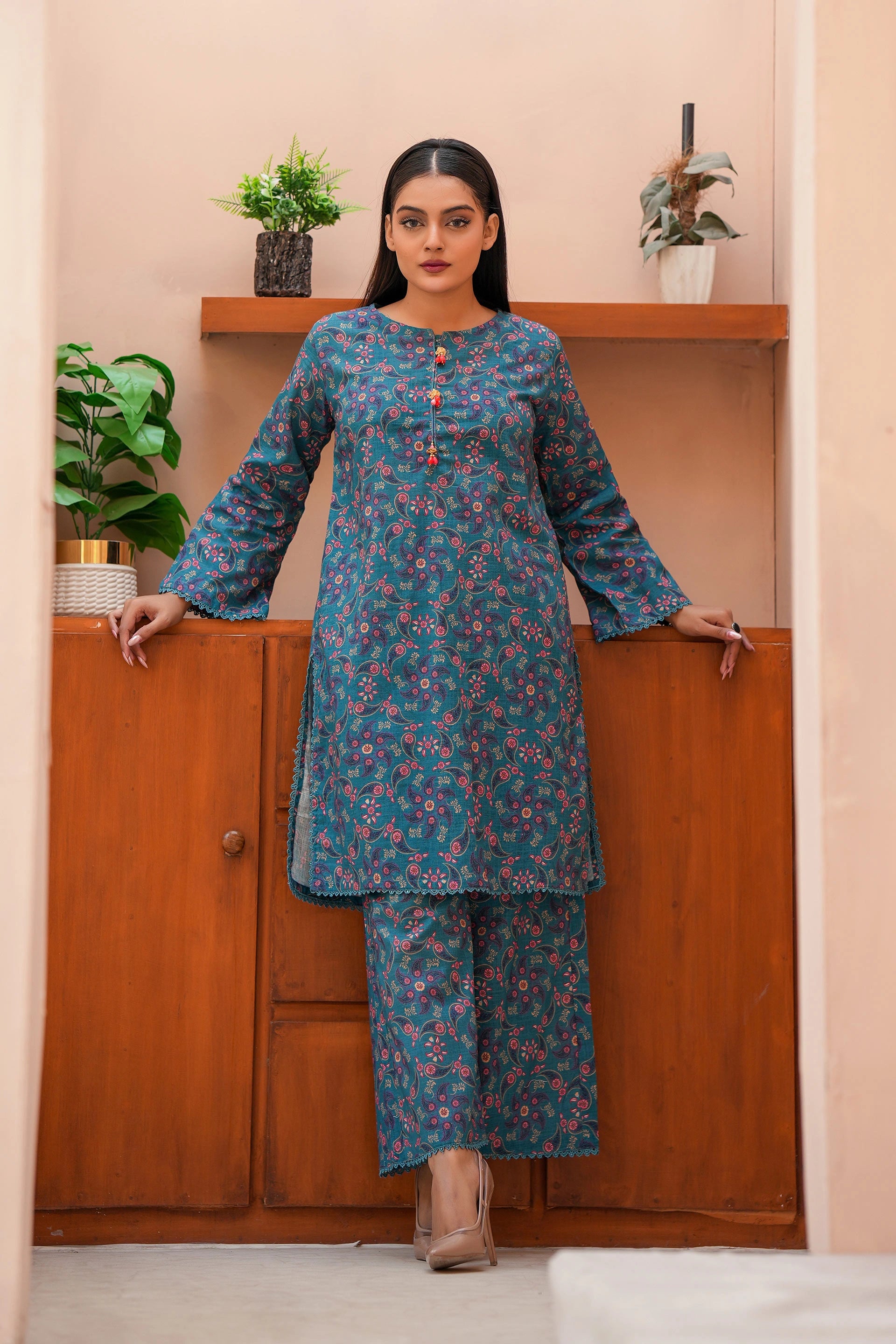 Elegant Teal Khaddar Dress | Floral & Ethnic Printed 2-Piece Suit