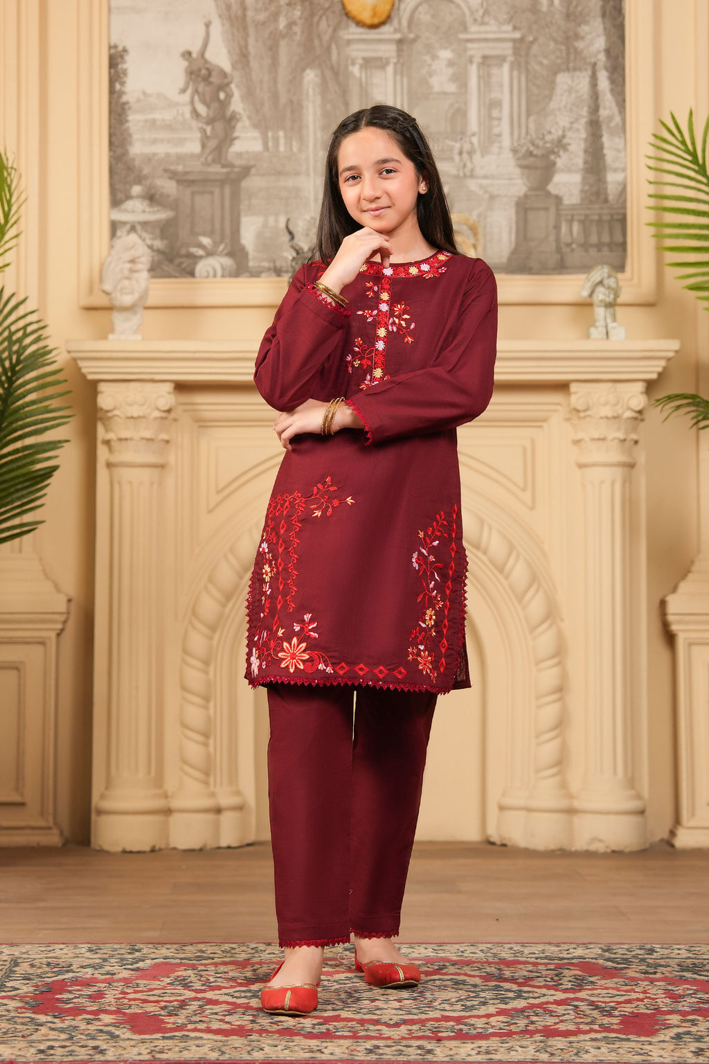 Baroque Petal Embroidered Khaddar 2 Piece – Maroon 🏵️ (RTW)