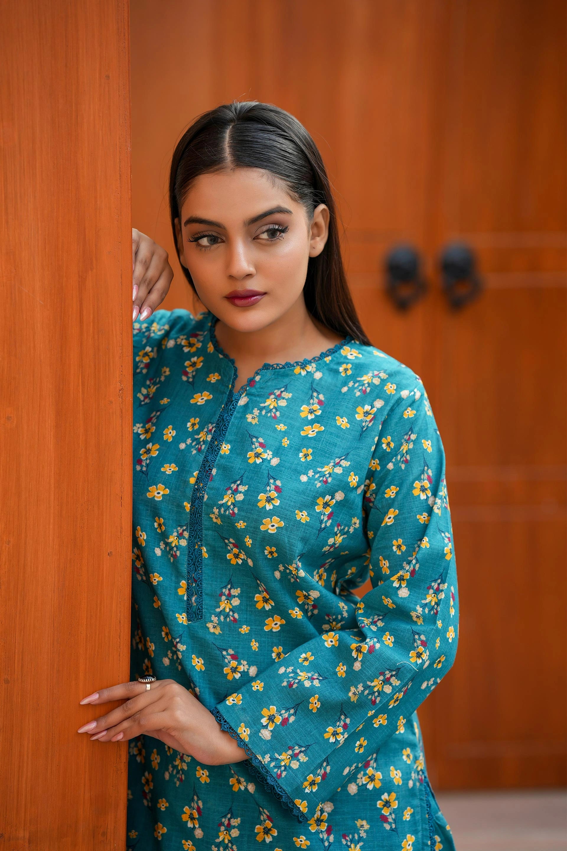 Teal Blue Floral Khaddar Dress | Warm Winter 2-Piece Outfit for Ladies
