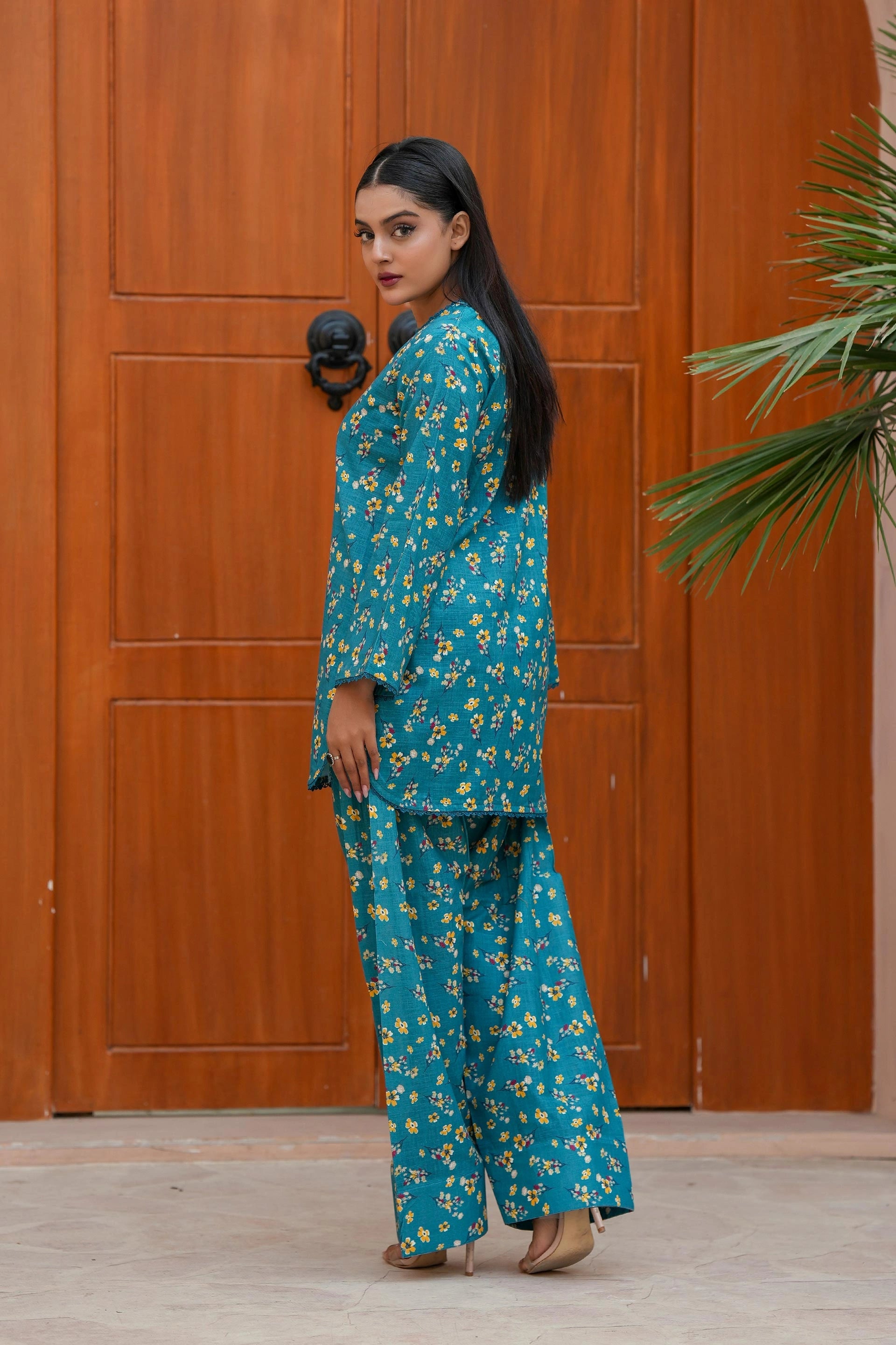 Teal Blue Floral Khaddar Dress | Warm Winter 2-Piece Outfit for Ladies