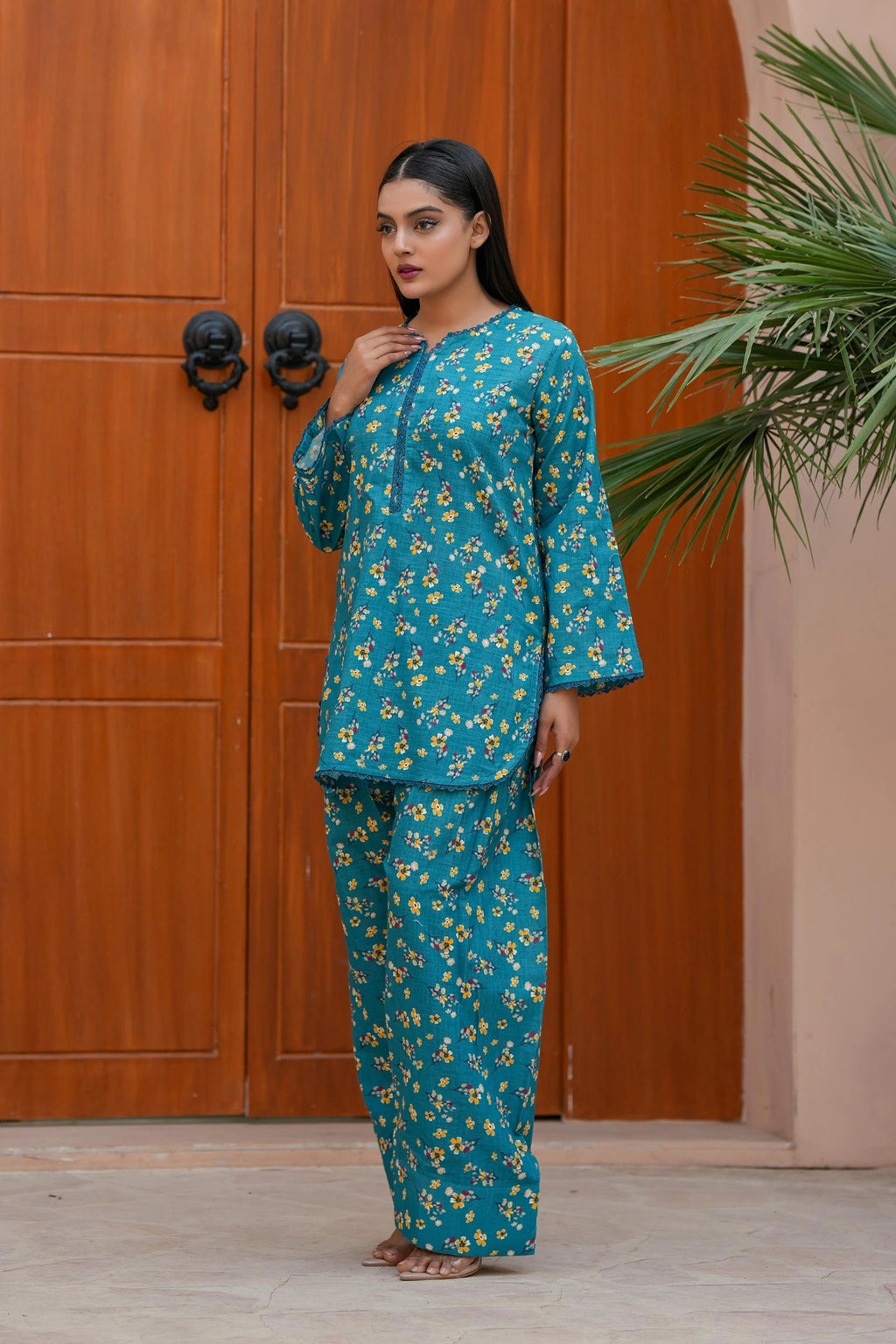 Teal Blue Floral Khaddar Dress | Warm Winter 2-Piece Outfit for Ladies