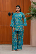 Teal Blue Floral Khaddar Dress | Warm Winter 2-Piece Outfit for Ladies