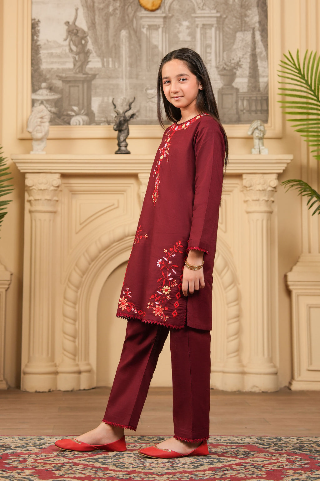 Baroque Petal Embroidered Khaddar 2 Piece – Maroon 🏵️ (RTW)