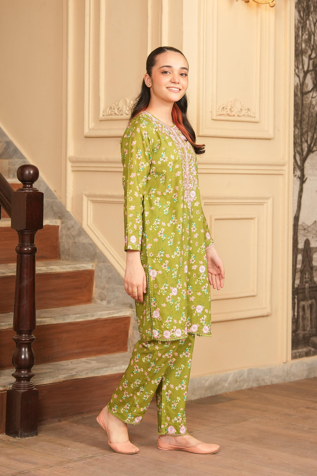 Floral Breeze Printed Khaddar 2 Piece – Olive 🌸 (RTW)