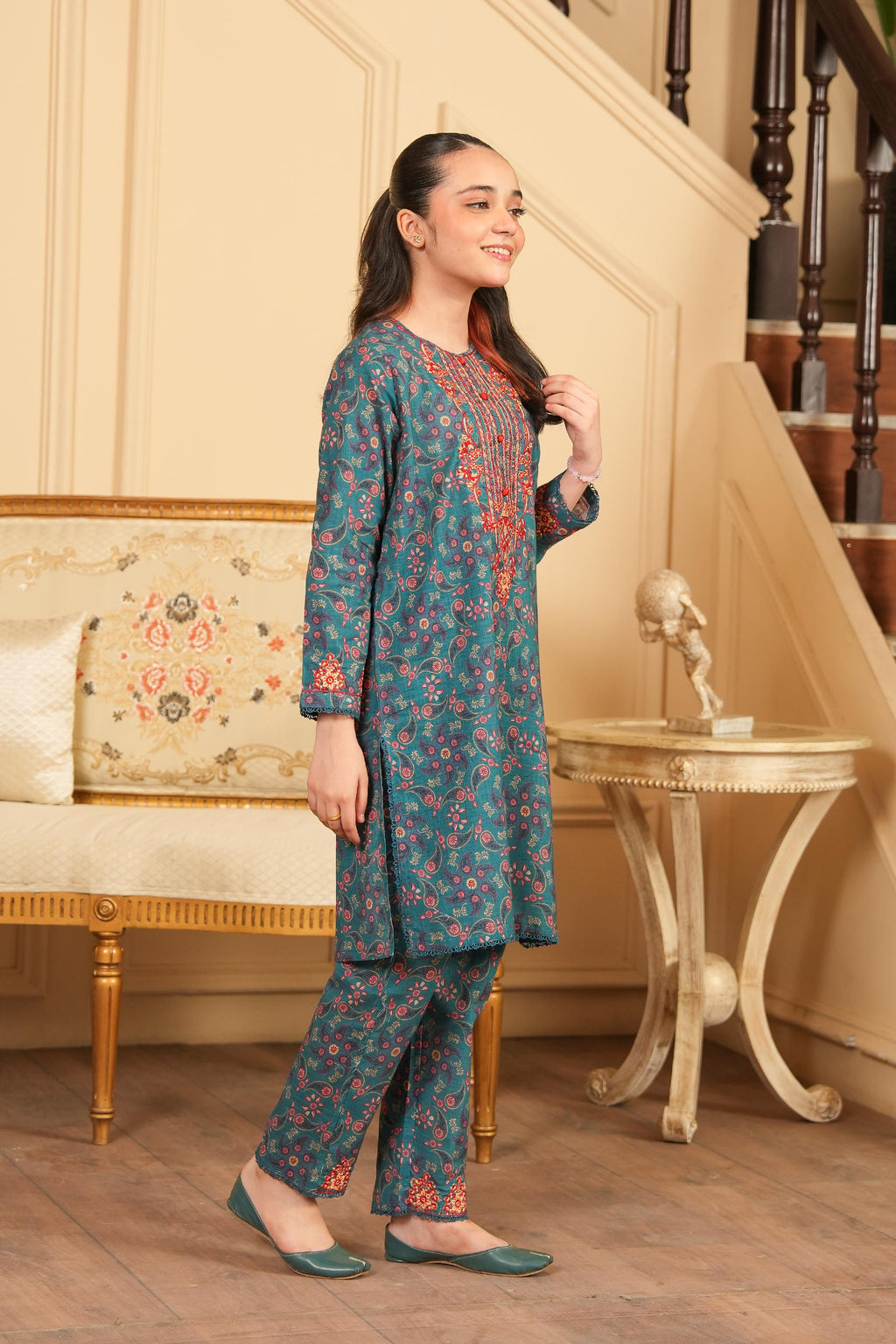 Autumn Whisper Printed Khaddar 02 Piece – Teal (RTW) 🧣