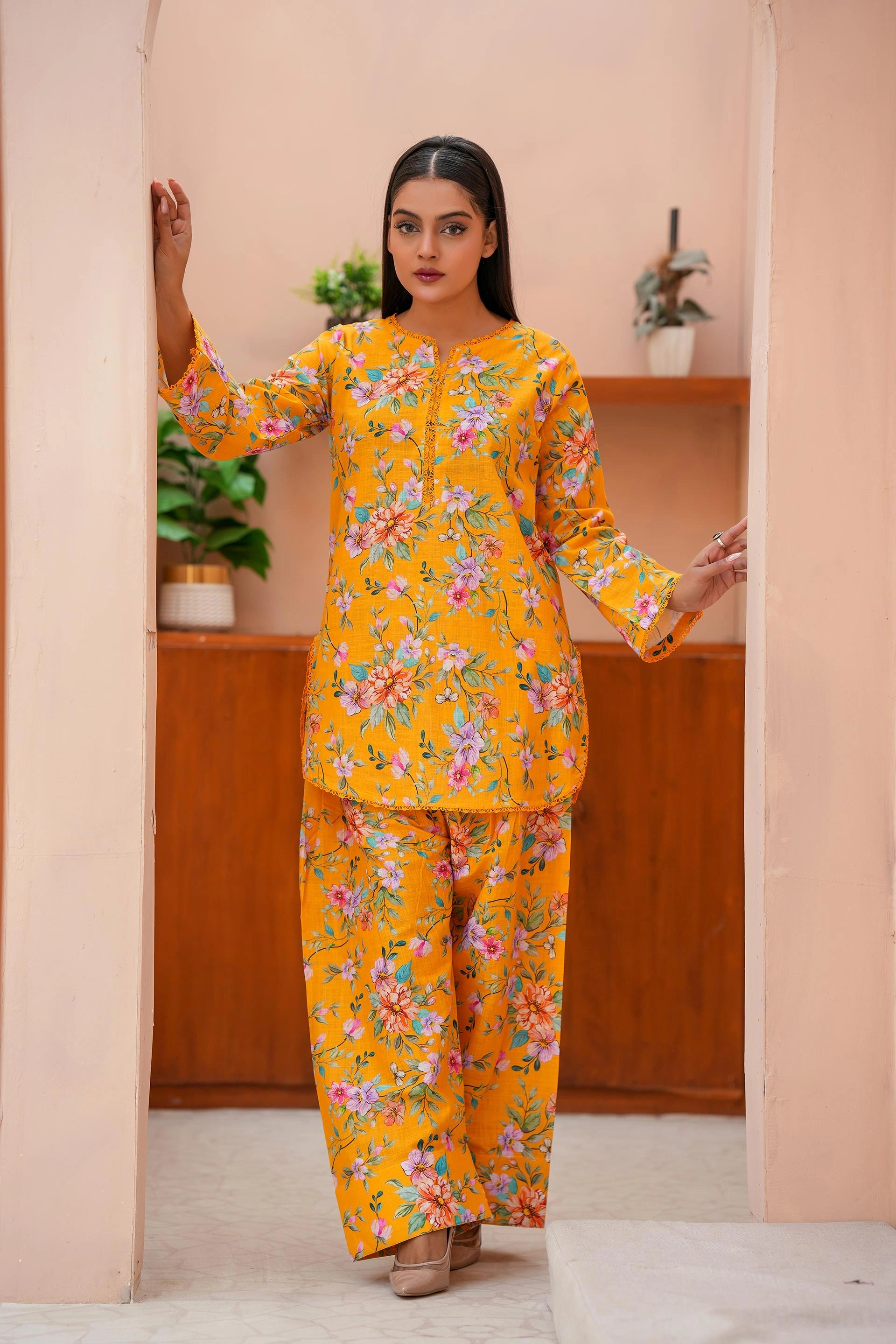 Mustard Floral Two-Piece Khaddar Dress