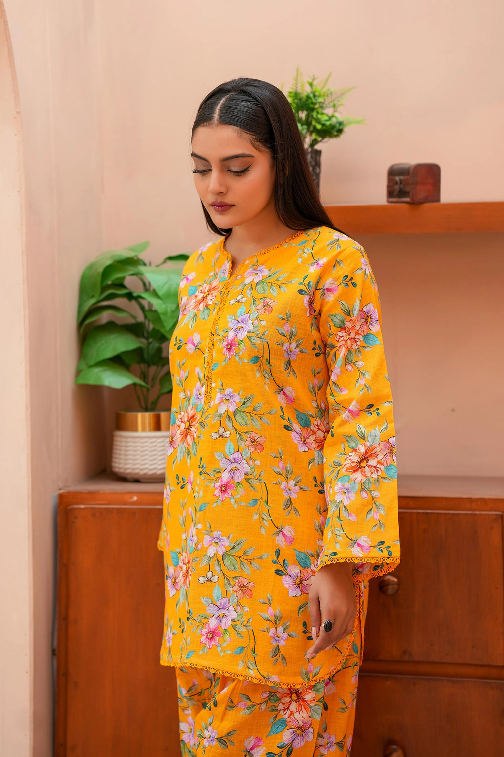 Mustard Floral Two-Piece Khaddar Dress