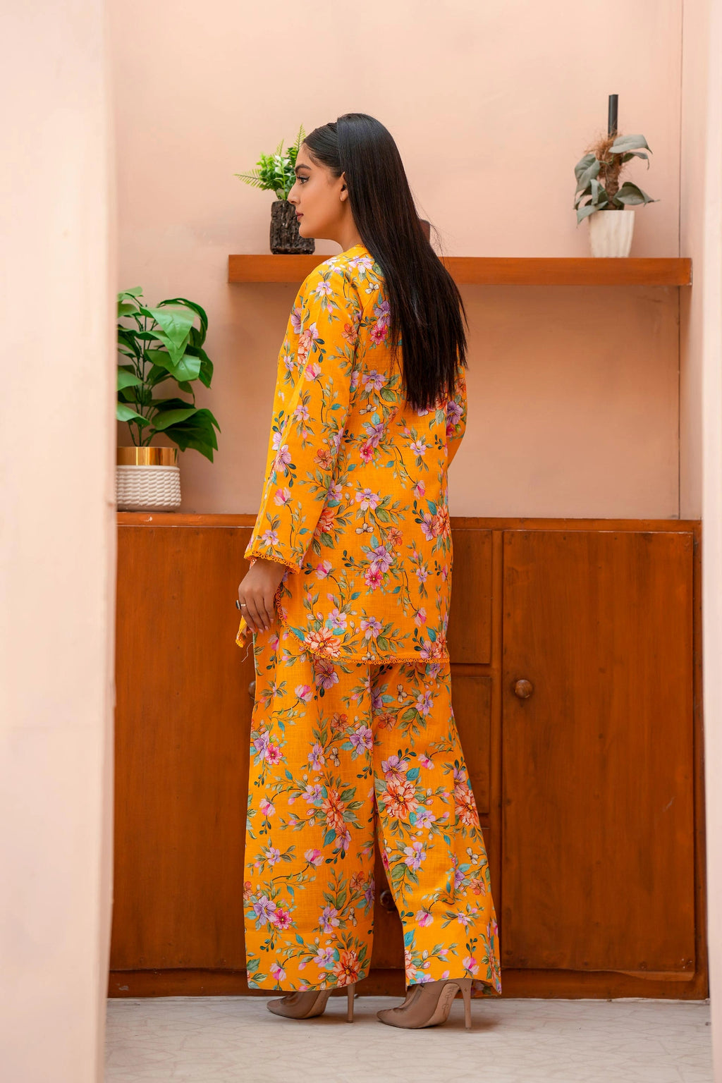 Mustard Floral Two-Piece Khaddar Dress