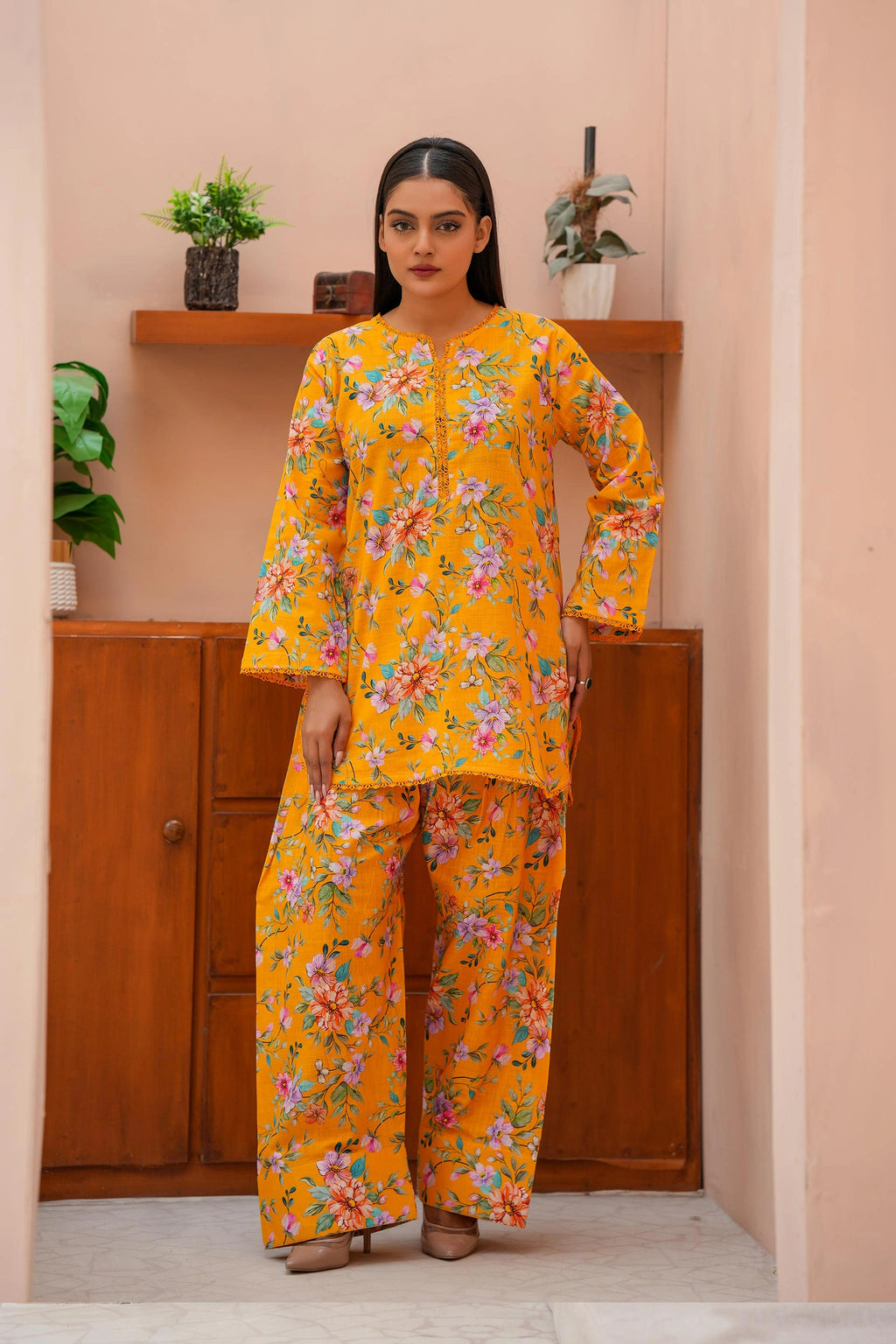 Mustard Floral Two-Piece Khaddar Dress