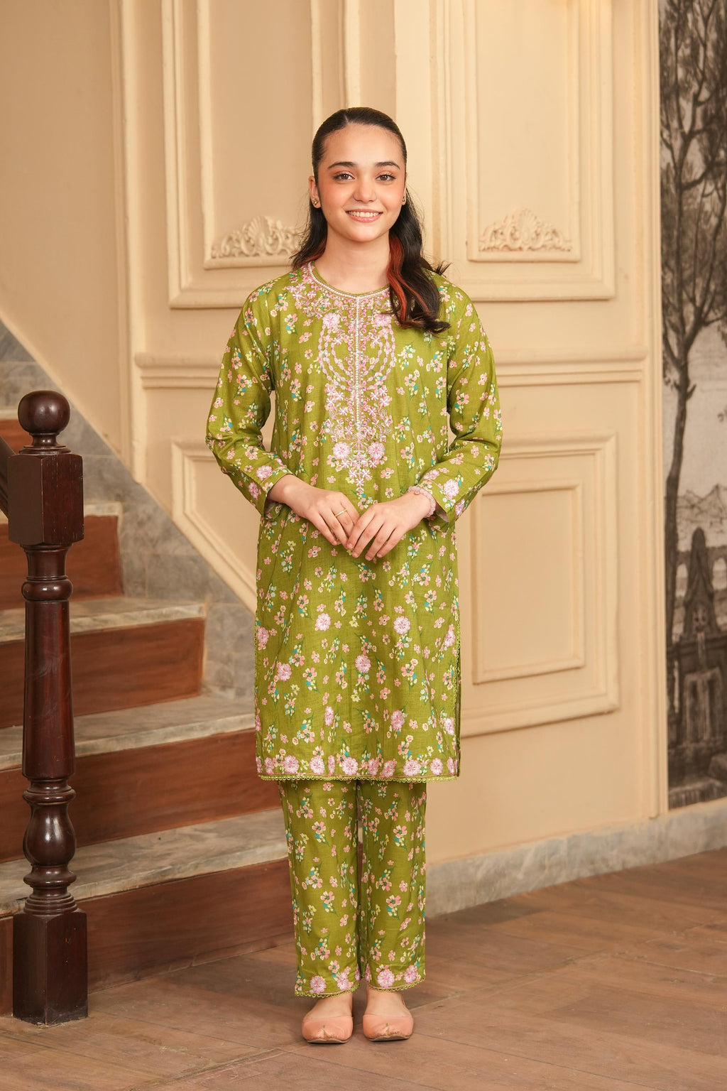 Floral Breeze Printed Khaddar 2 Piece – Olive 🌸 (RTW)