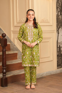Floral Breeze Printed Khaddar 2 Piece – Olive 🌸 (RTW)