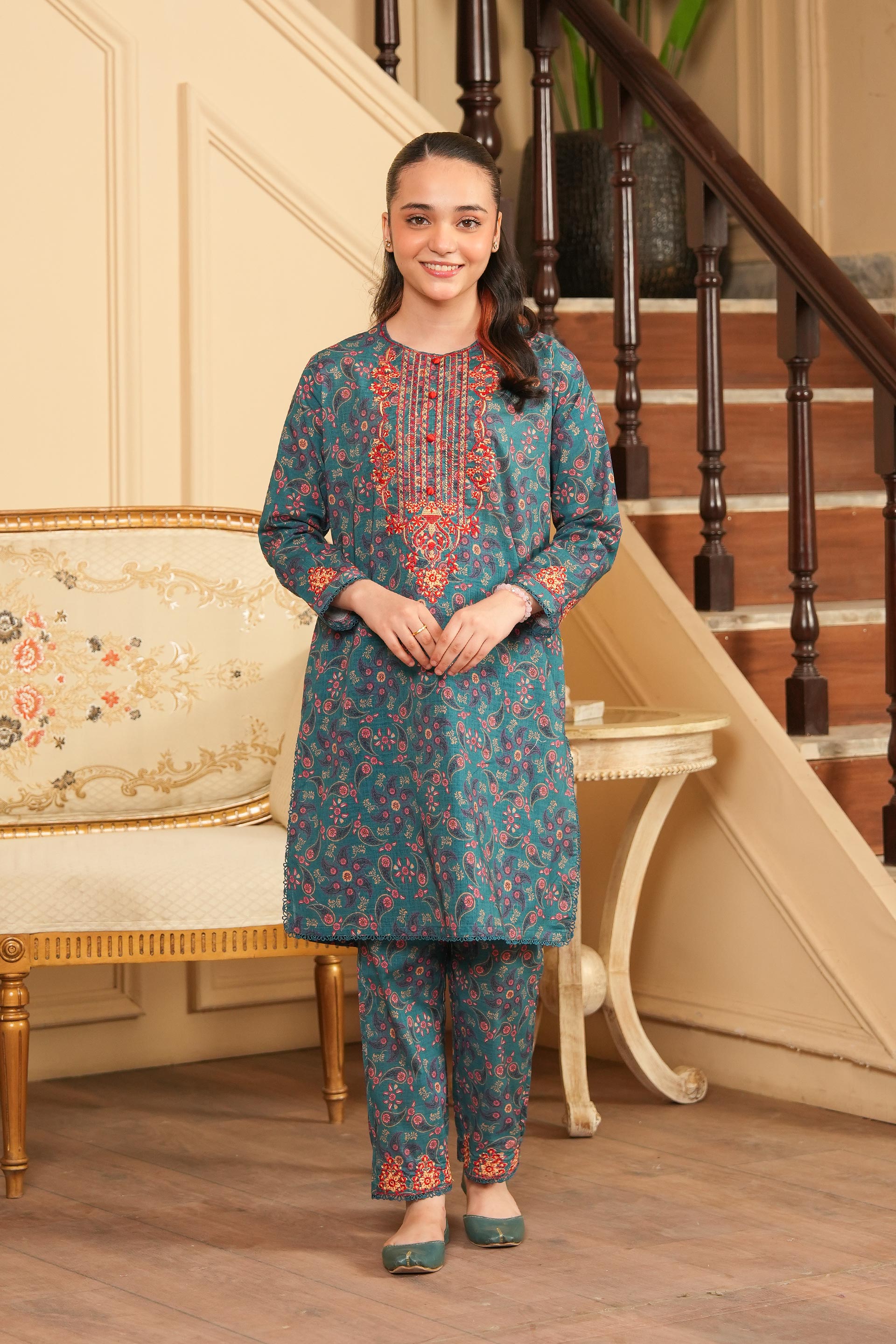 Autumn Whisper Printed Khaddar 02 Piece – Teal (RTW) 🧣