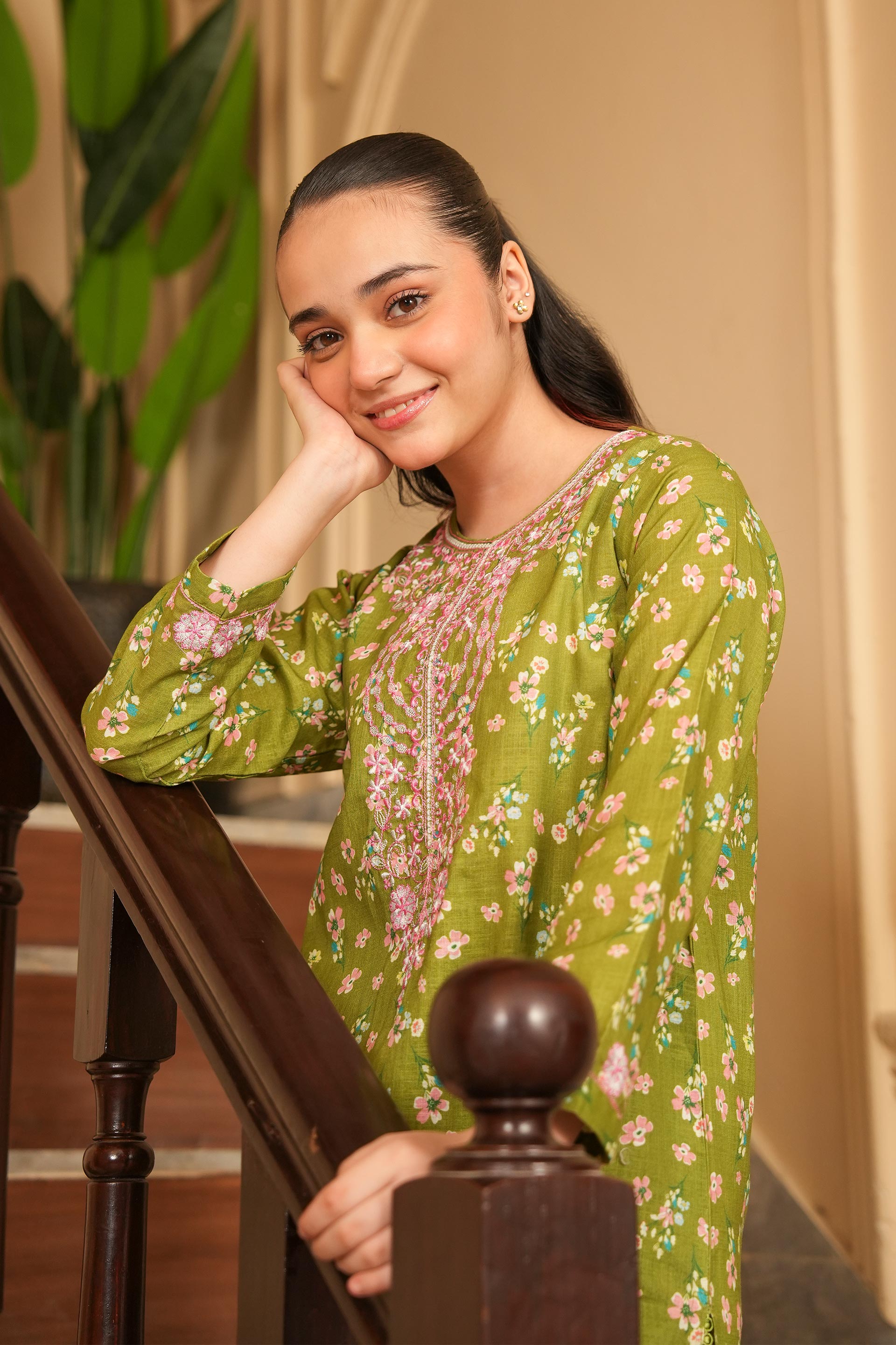 Floral Breeze Printed Khaddar 2 Piece – Olive 🌸 (RTW)