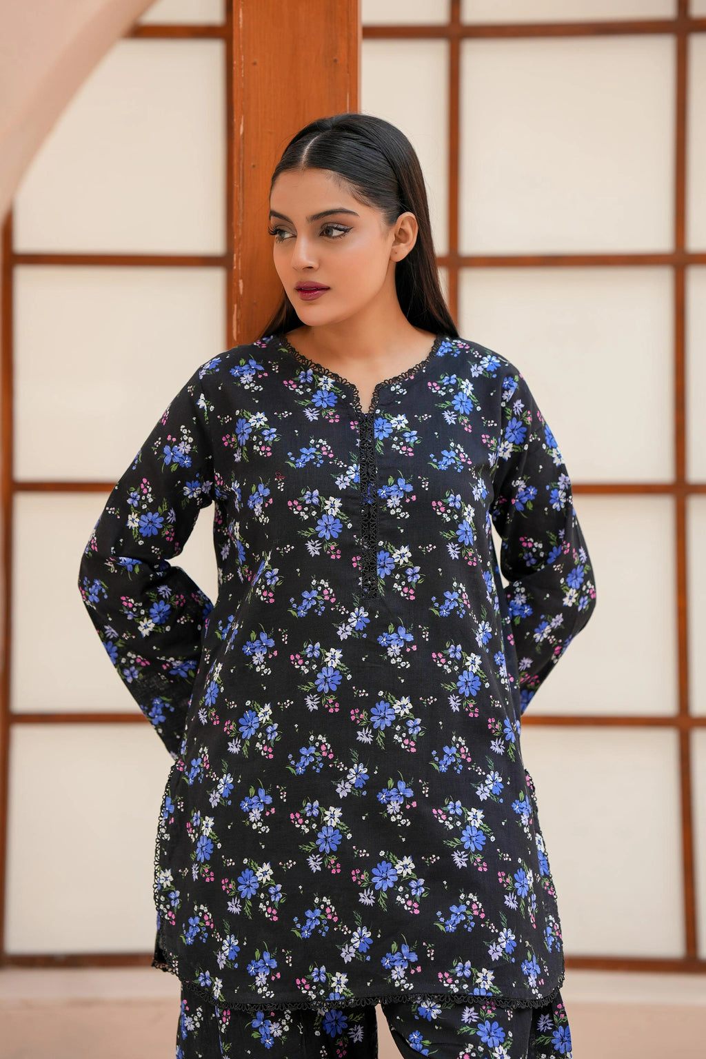 Classic Black Floral Printed Dress for Women | Soft & Warm Winter Suit