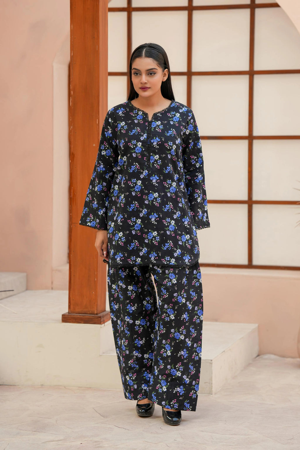 Classic Black Floral Printed Dress for Women | Soft & Warm Winter Suit