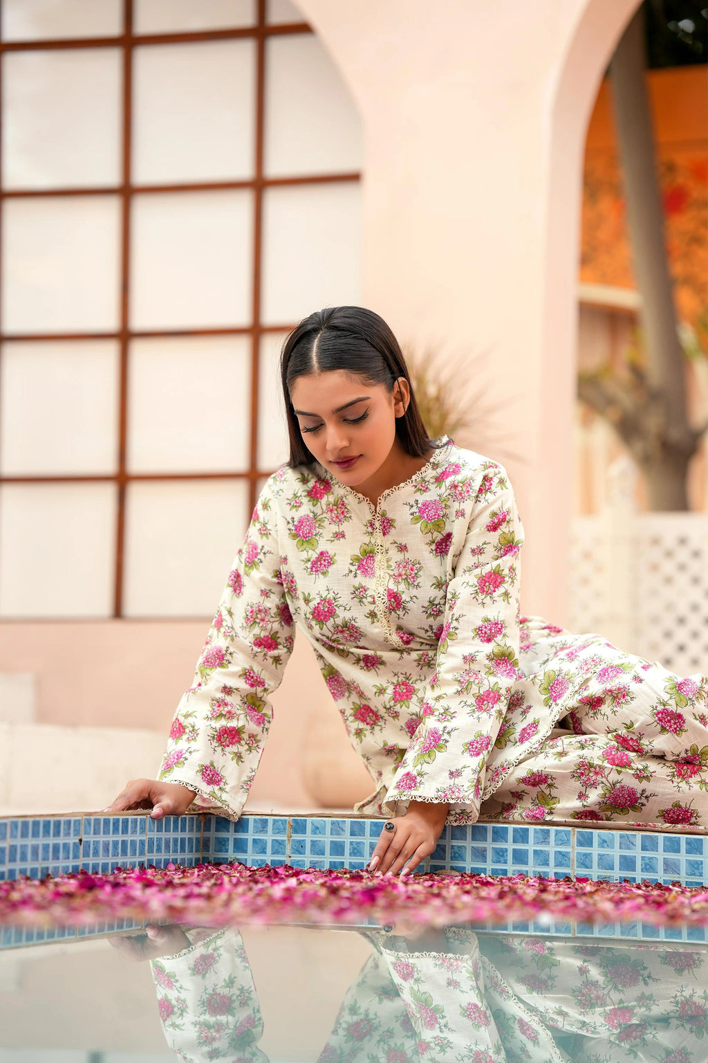 Designer Winter Floral Dress for Women | Cream 2-Piece Suit