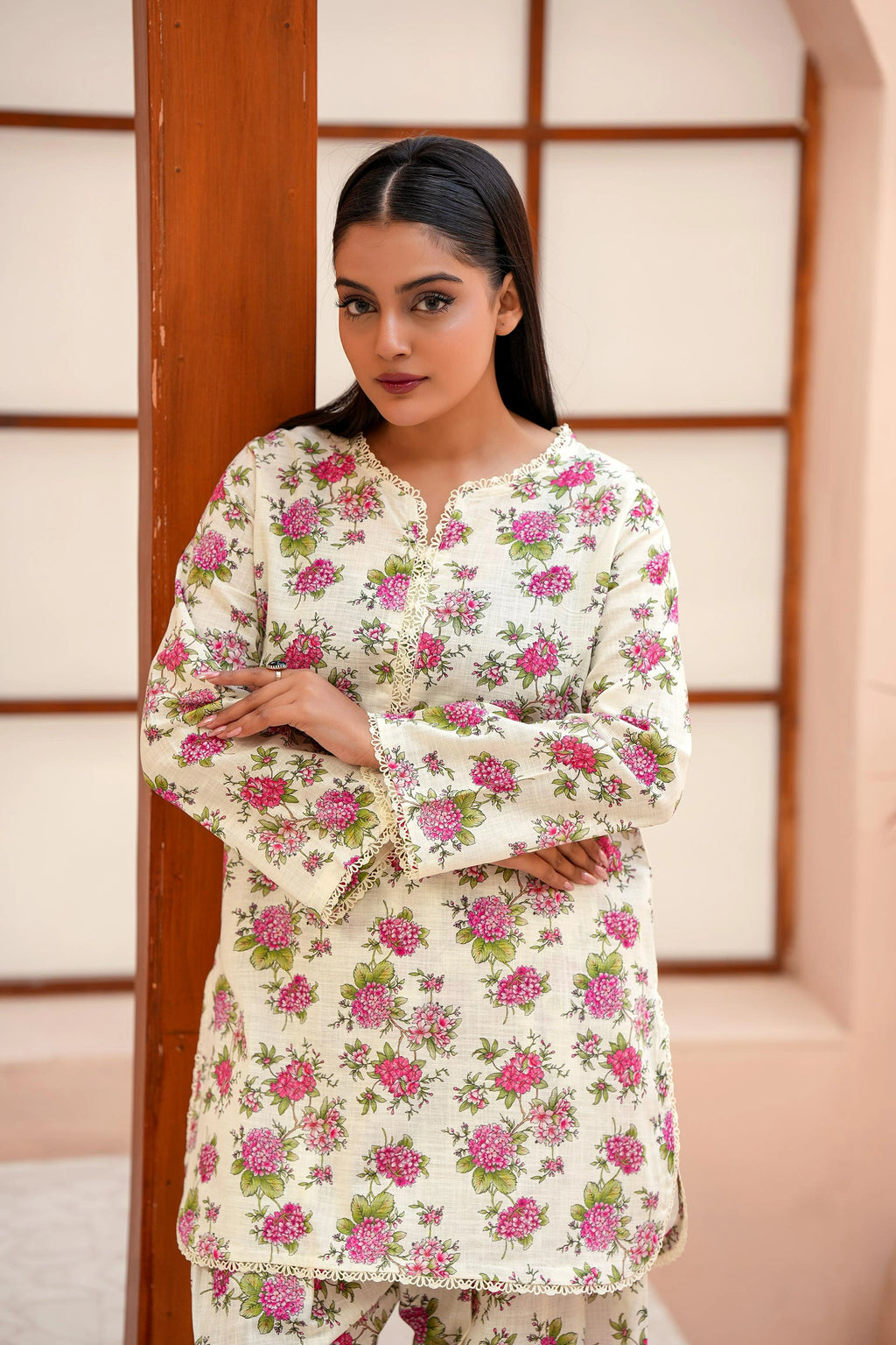 Designer Winter Floral Dress for Women | Cream 2-Piece Suit