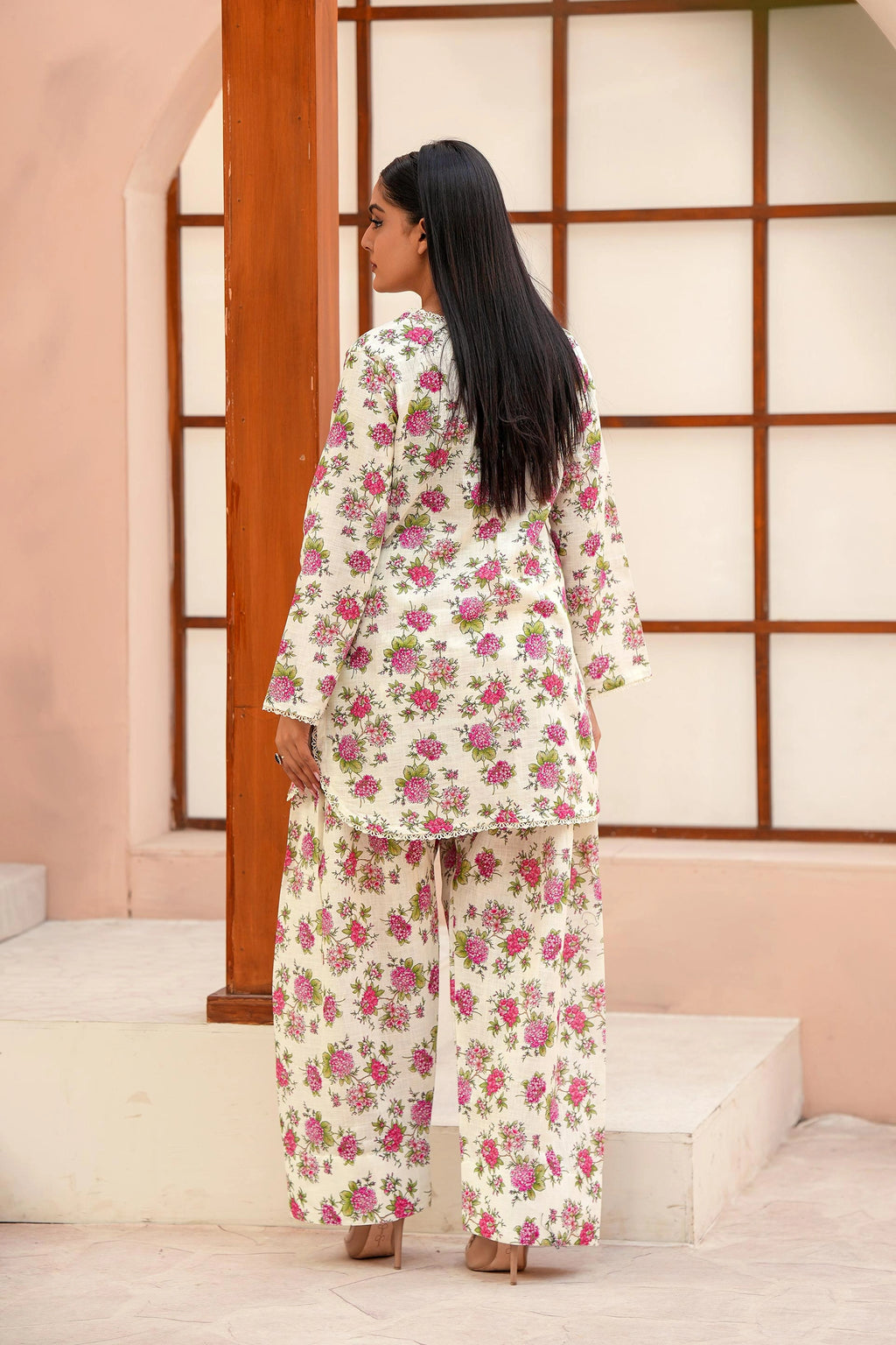 Designer Winter Floral Dress for Women | Cream 2-Piece Suit