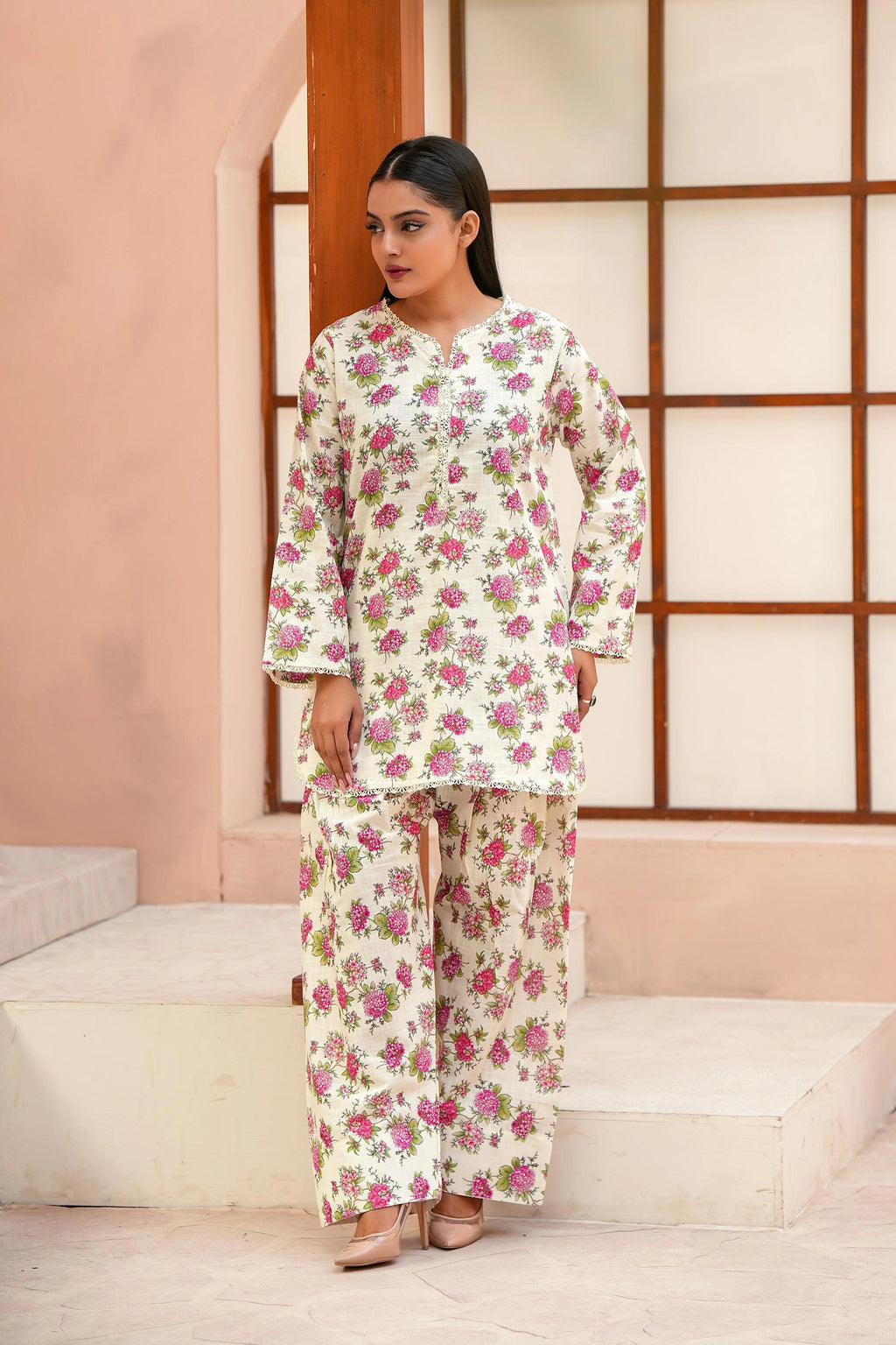 Designer Winter Floral Dress for Women | Cream 2-Piece Suit