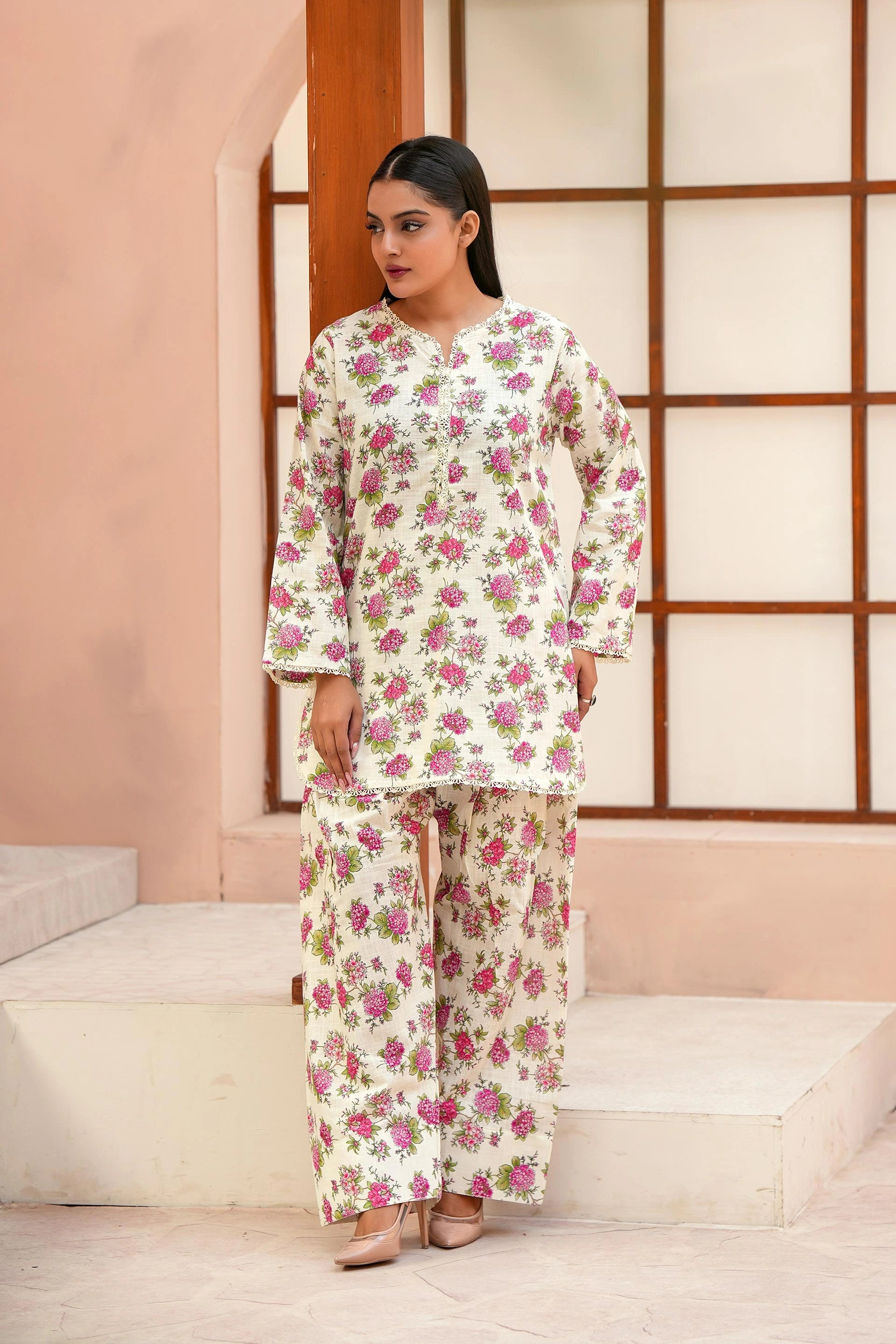 Designer Winter Floral Dress for Women | Cream 2-Piece Suit