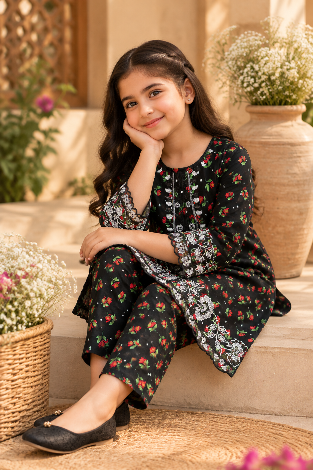 Black Bloom Printed Kotrai Embroidered 2Pc Winter Suit