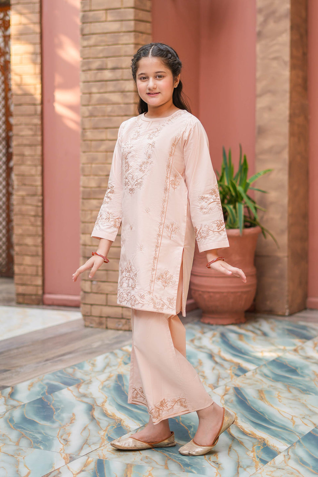 Rosé Bloom Premium Cotton Embroidered 2Pc – Blush Peach (RTW)