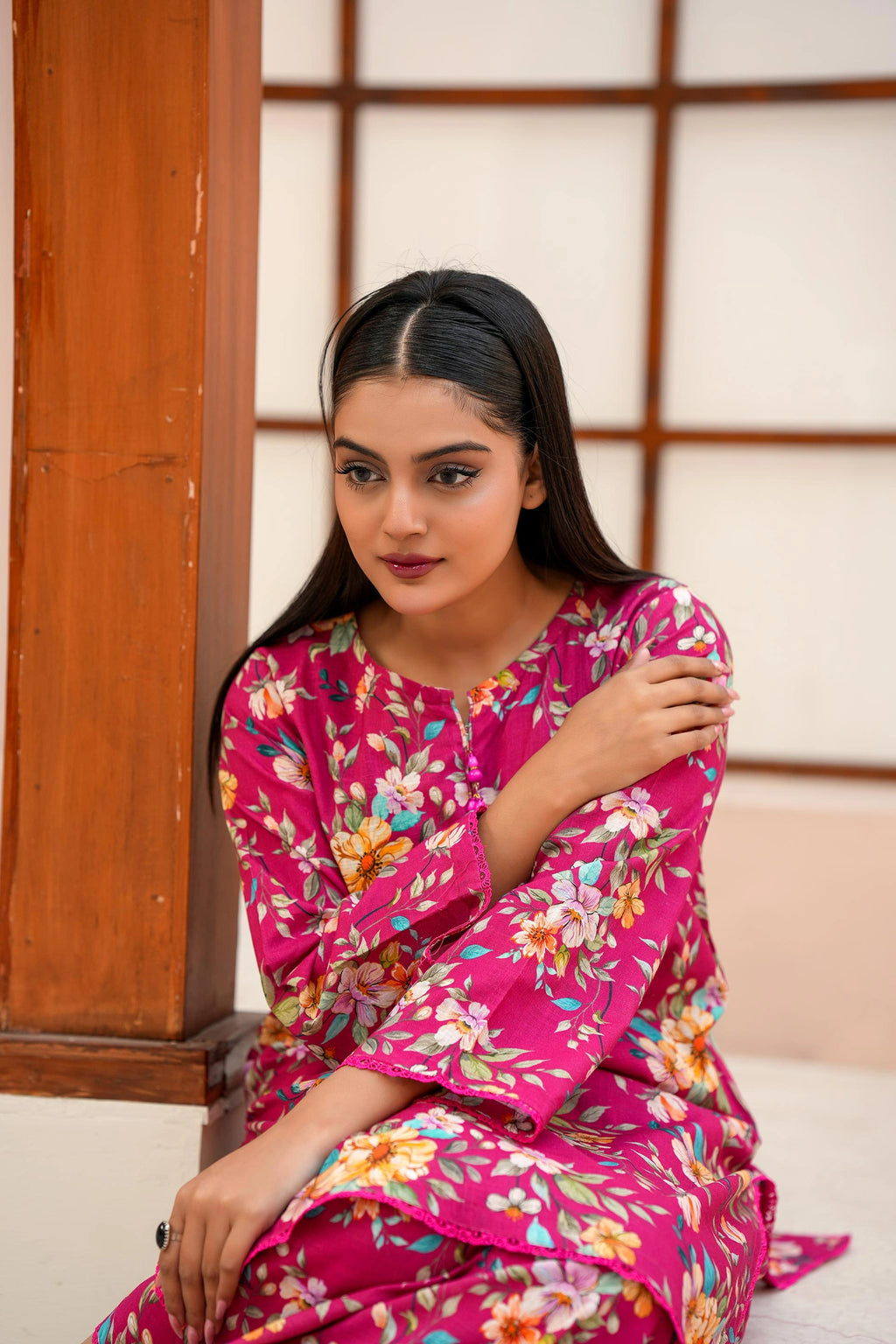 Premium Magenta Floral Printed Two-Piece Suit