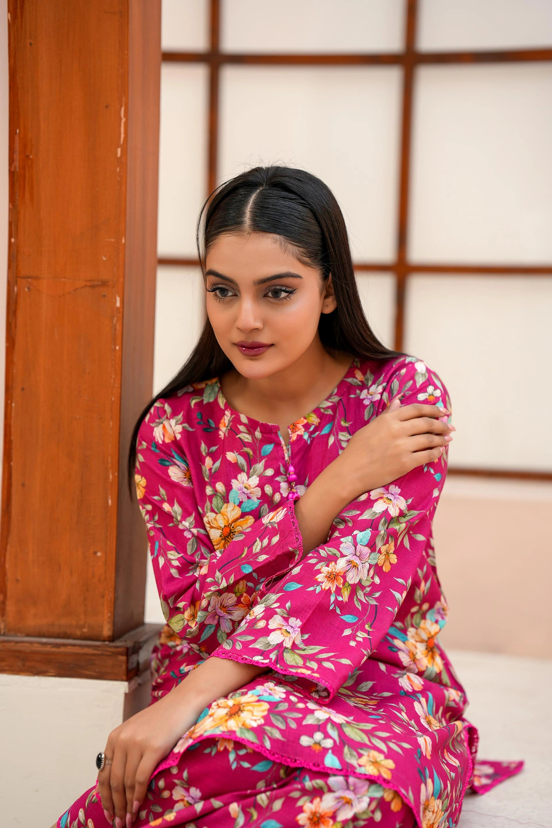 Premium Magenta Floral Printed Two-Piece Suit