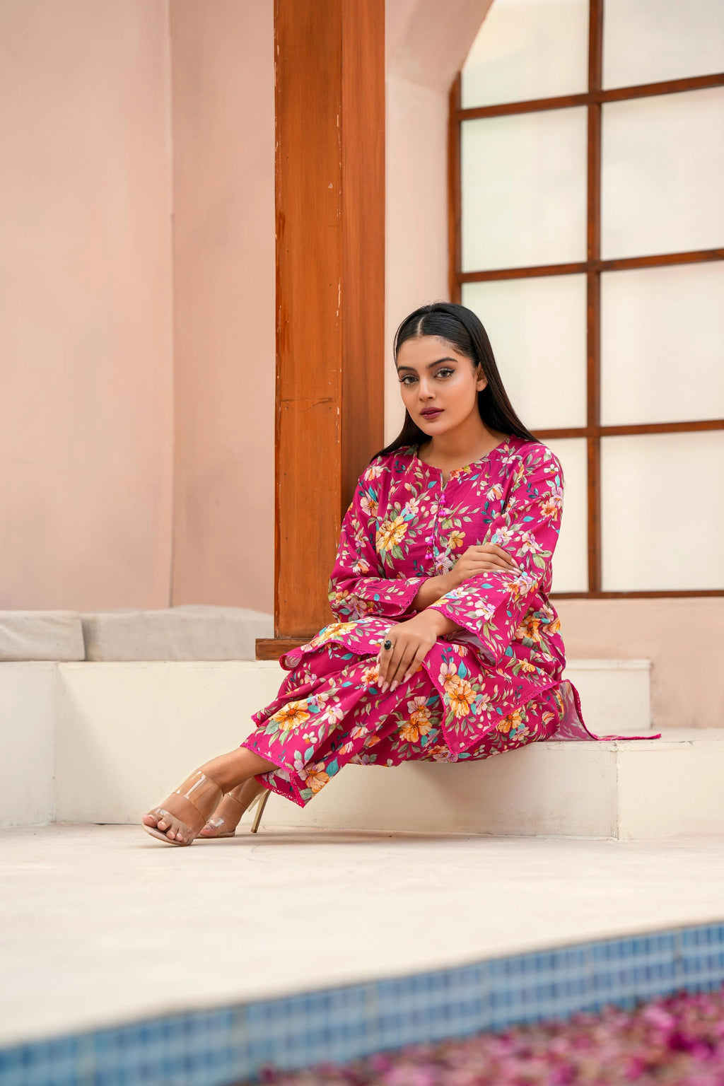 Premium Magenta Floral Printed Two-Piece Suit