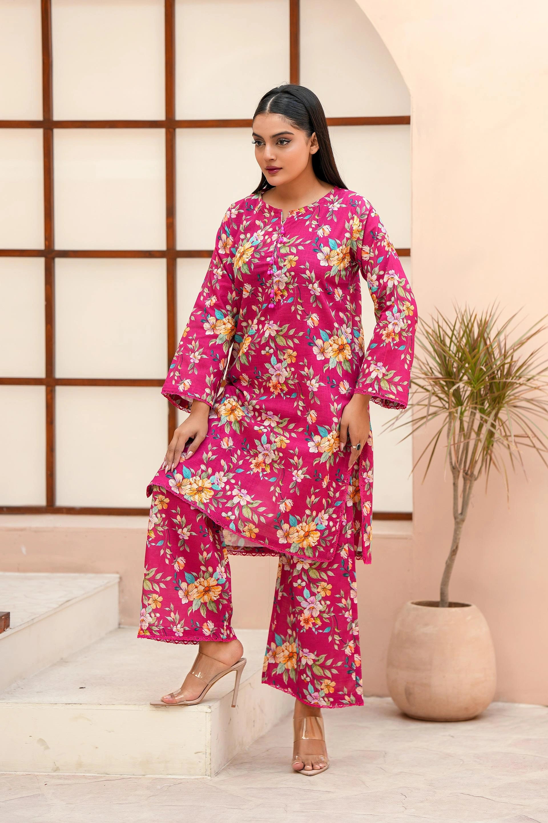 Premium Magenta Floral Printed Two-Piece Suit