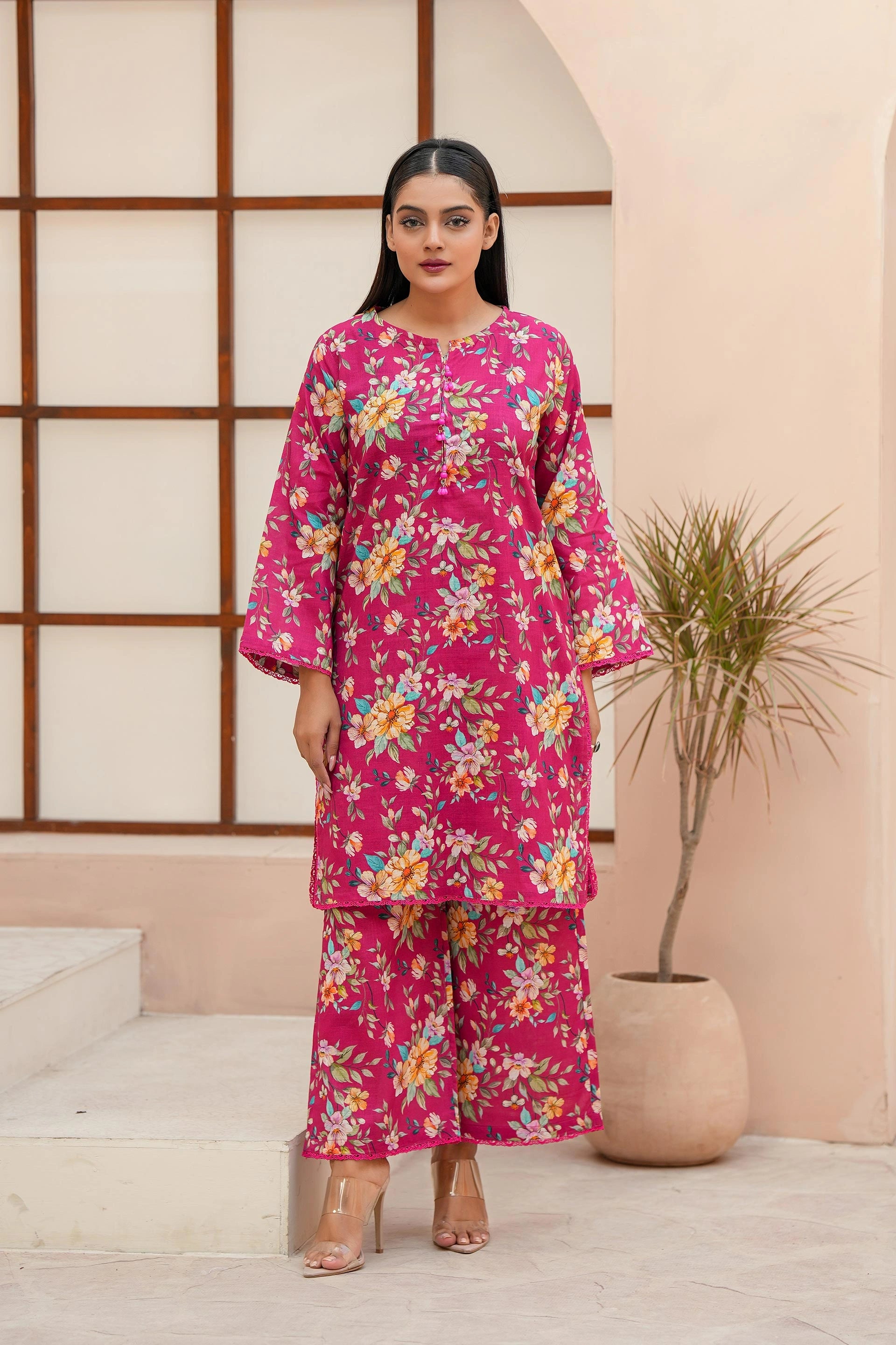 Premium Magenta Floral Printed Two-Piece Suit
