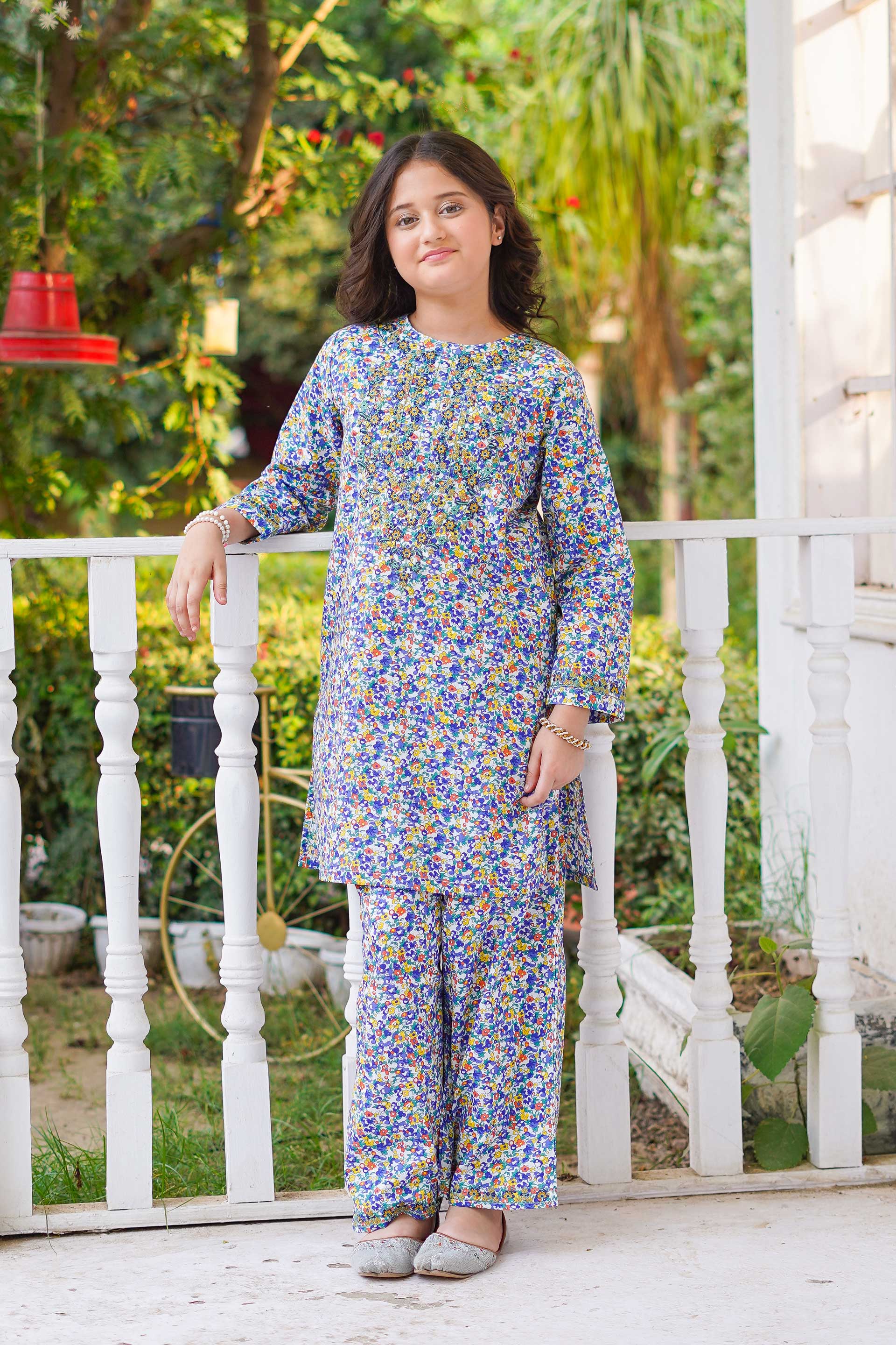 Meadow Blossom Charm – Imported Printed China Lawn 2Pc – Floral Blue (RTW)