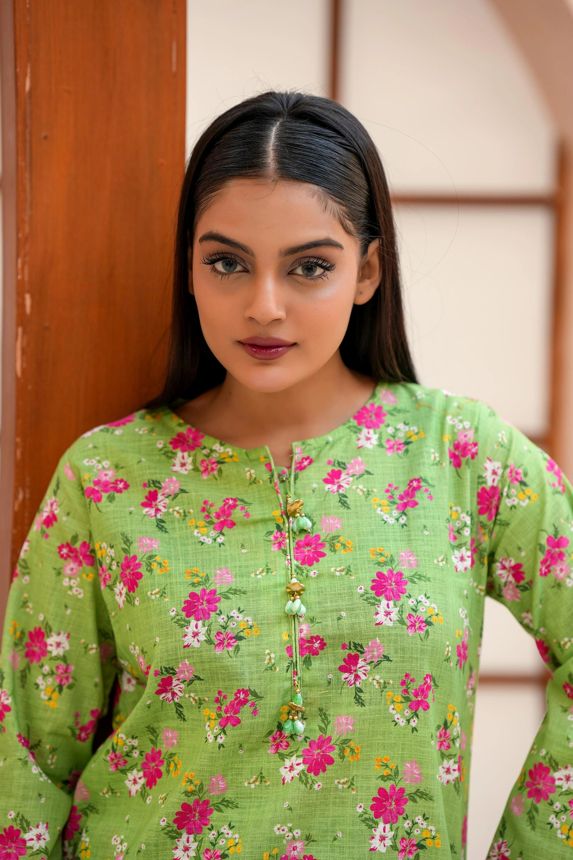 Boutique-Style Floral Printed Suit | Green Winter Shirt & Trouser Set