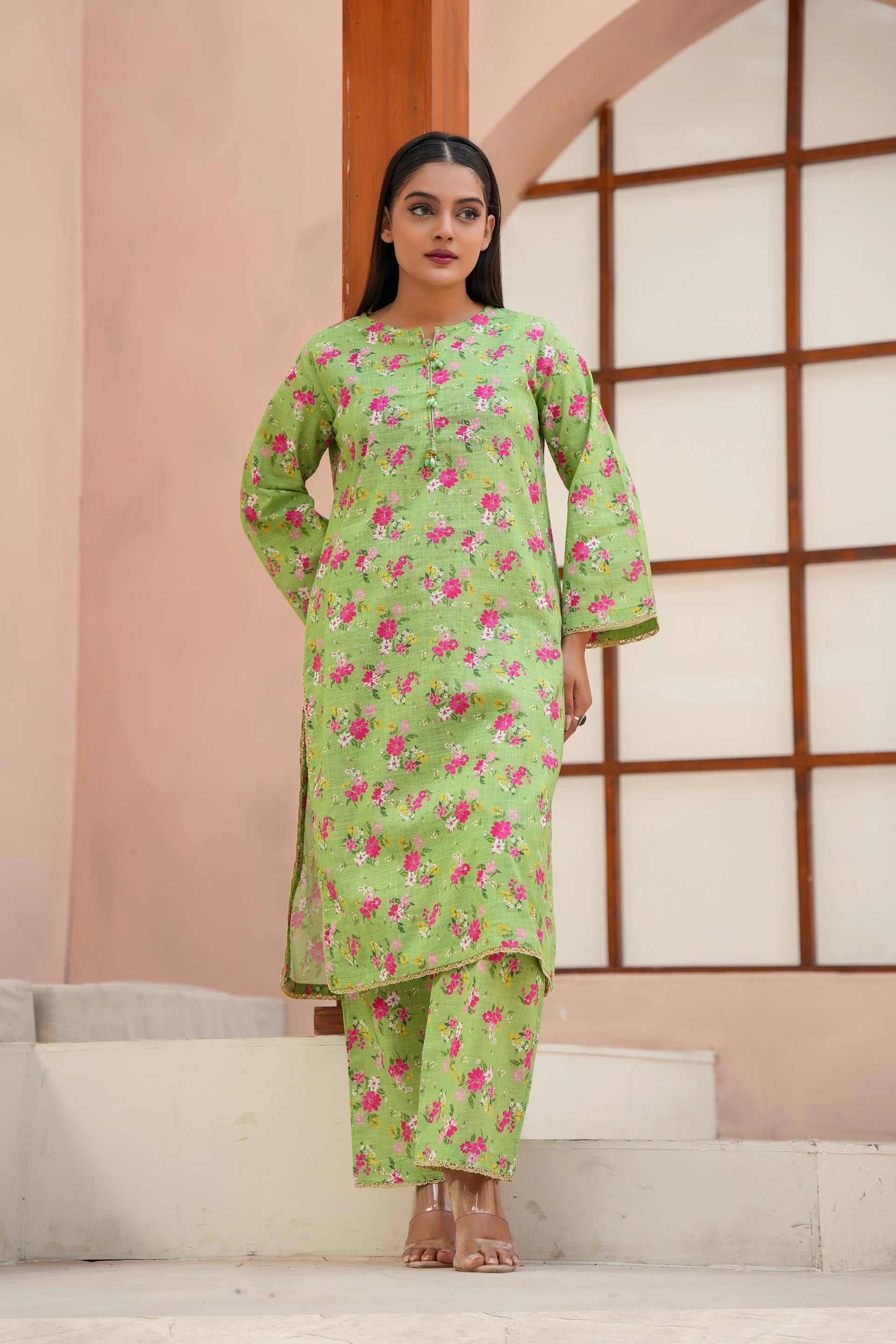 Boutique-Style Floral Printed Suit | Green Winter Shirt & Trouser Set
