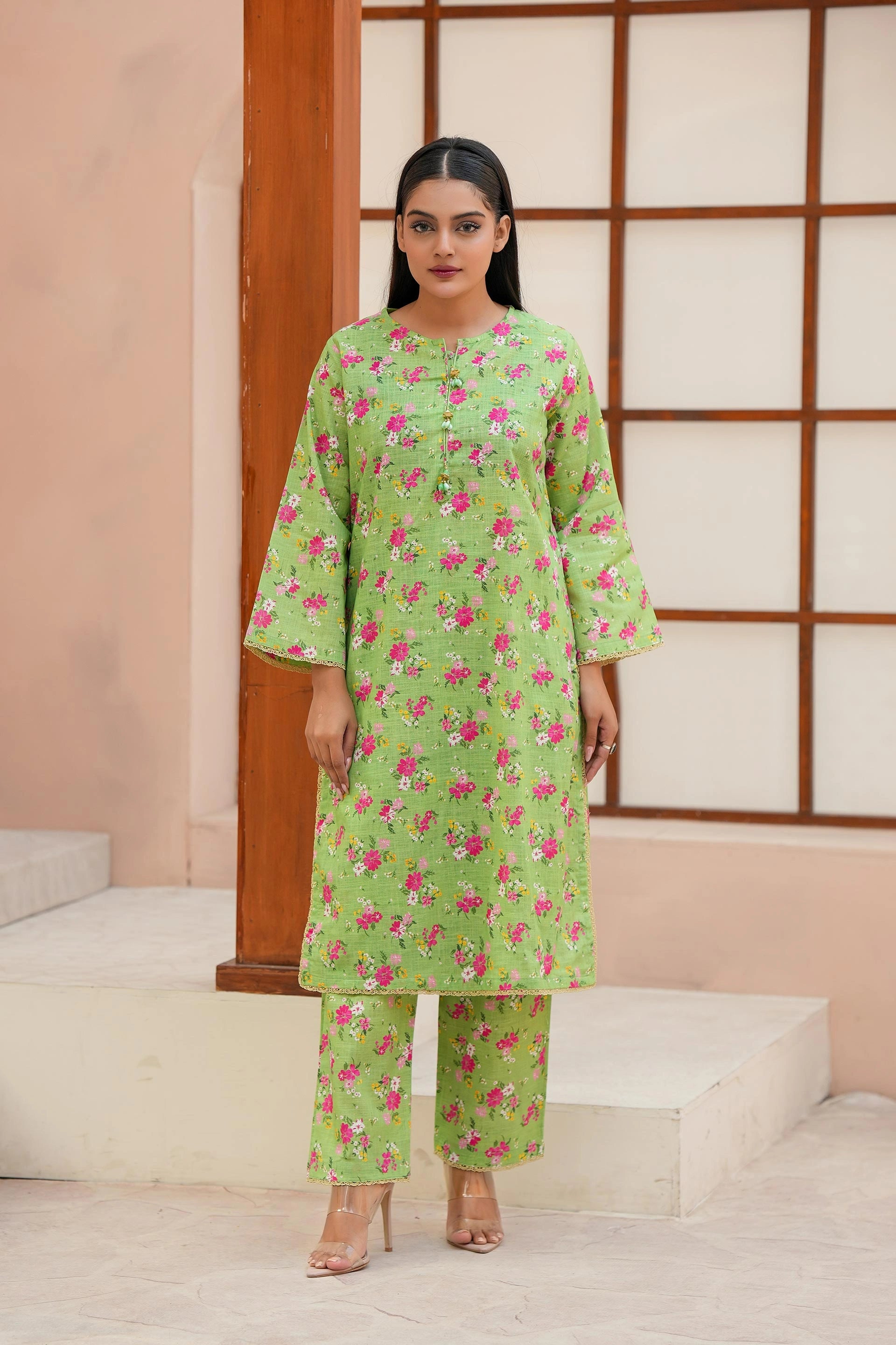 Boutique-Style Floral Printed Suit | Green Winter Shirt & Trouser Set
