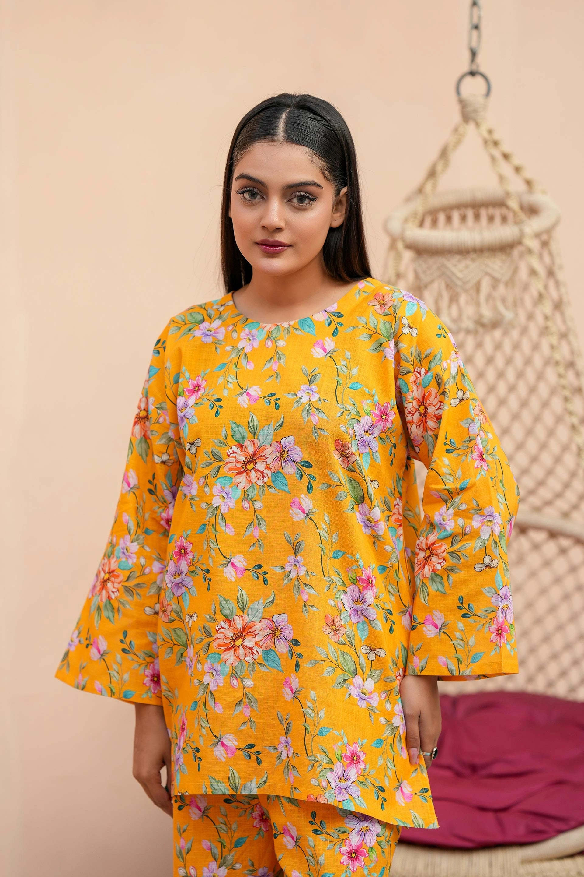 Premium Yellow Floral Printed Two-Piece Suit